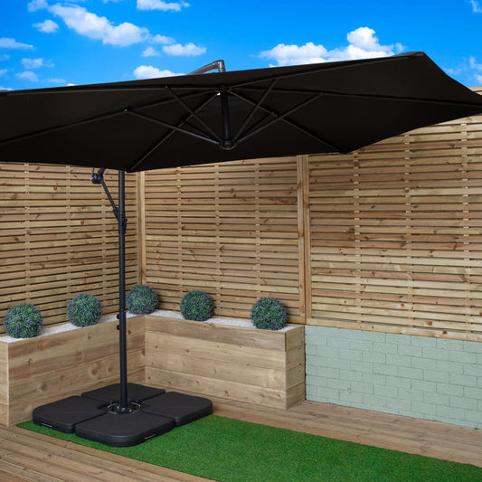 3m Cantilever Banana Garden Parasol in Black with Crank Handle and Parasol Base Weights Included
