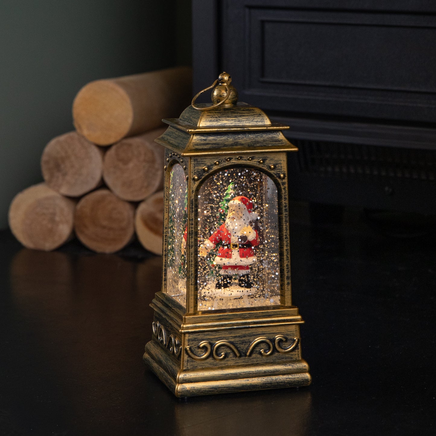 21cm Dual Powered Light up Rustic Gold Christmas Water Spinner Decoration with Santa Scene