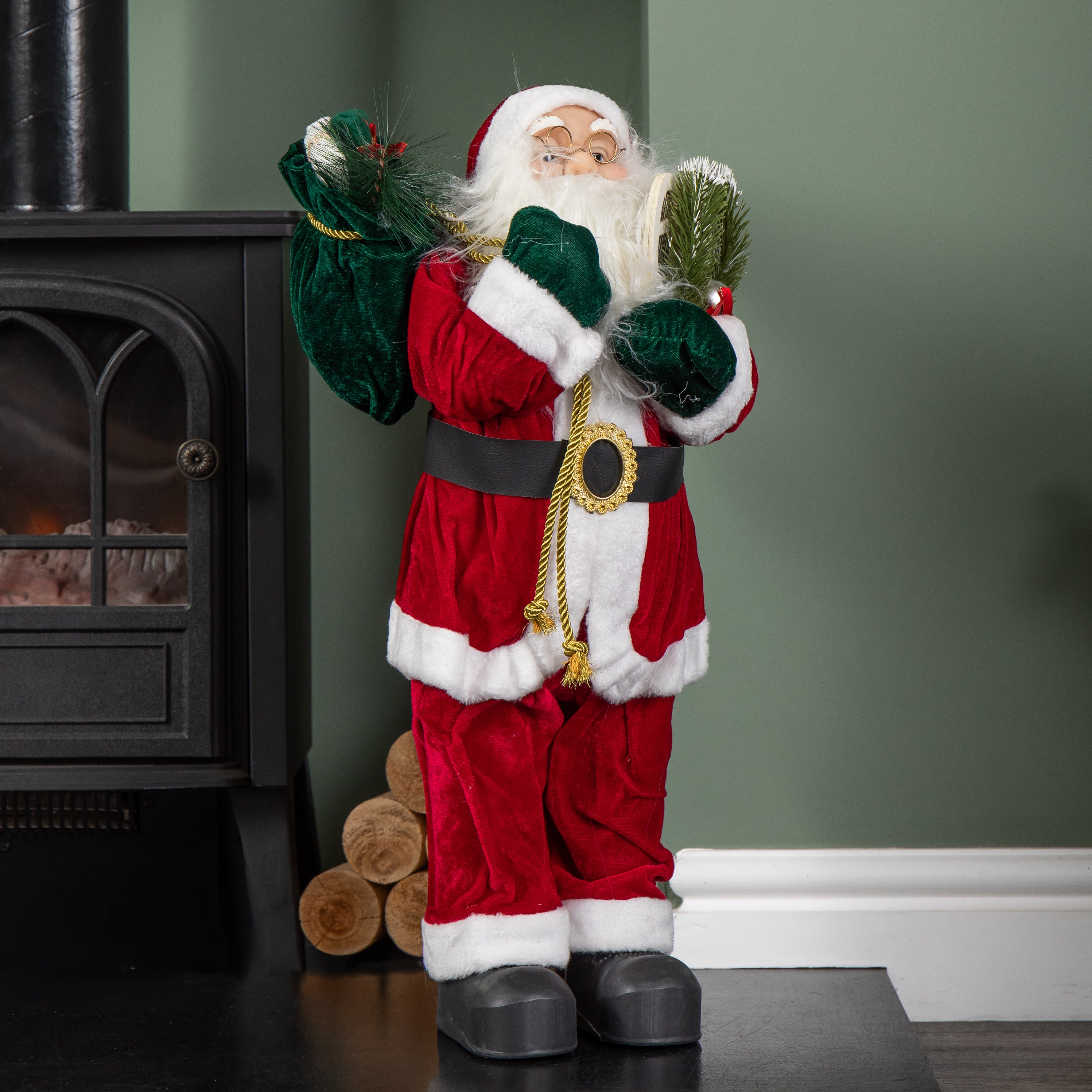61cm Tall Standing Santa Claus Christmas Decoration with Green Sack