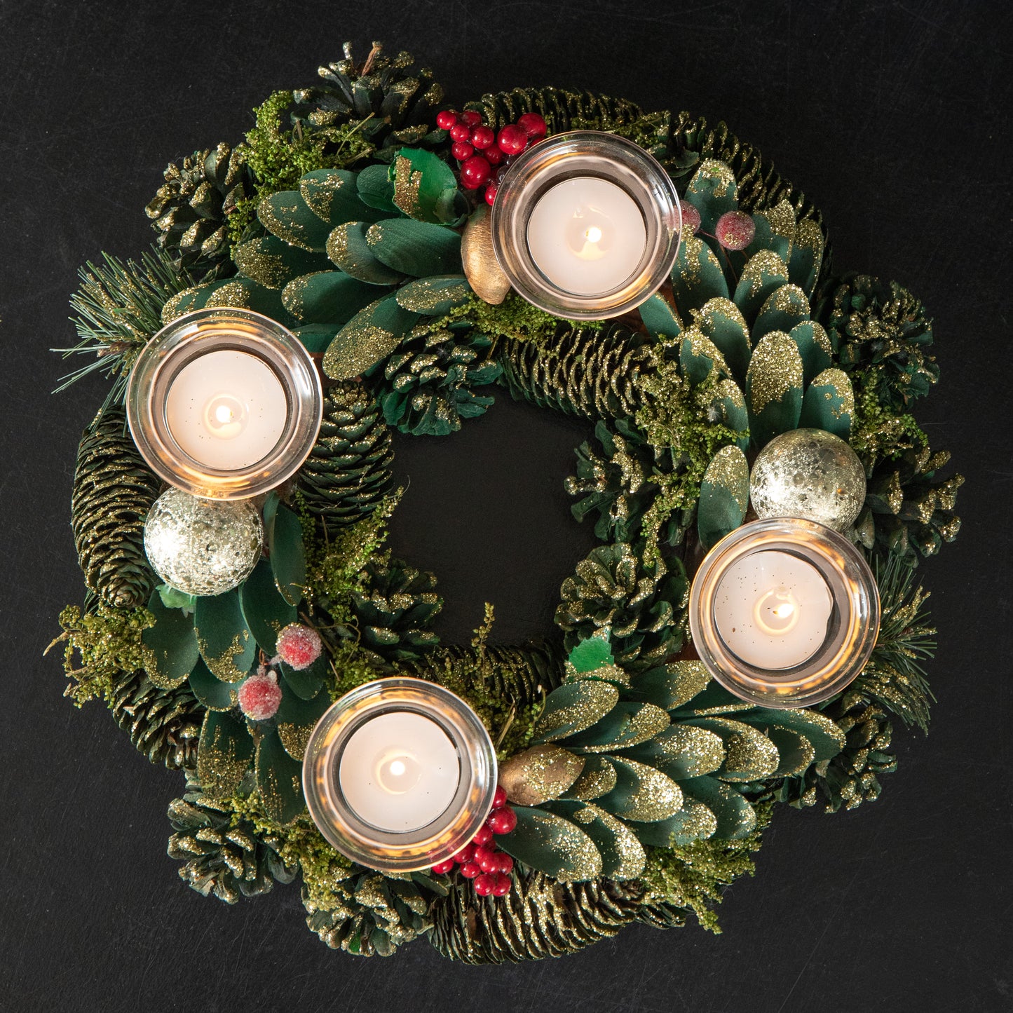 33cm Christmas Bauble Quartet Candle Holder with Pinecones and Red Berries