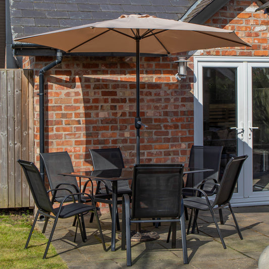 Outdoor 6 Person Rectangular Glass Top Garden Patio Dining Table Chairs With Beige Parasol and Base Set