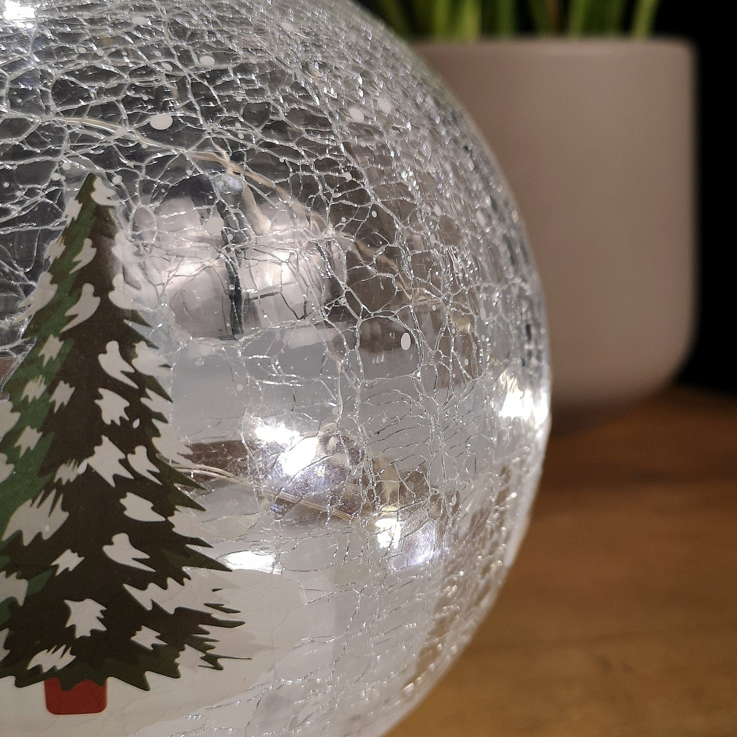 15cm Battery Operated Warm White LED Crackle Effect Ball Christmas Decoration with Reindeer and Sleigh