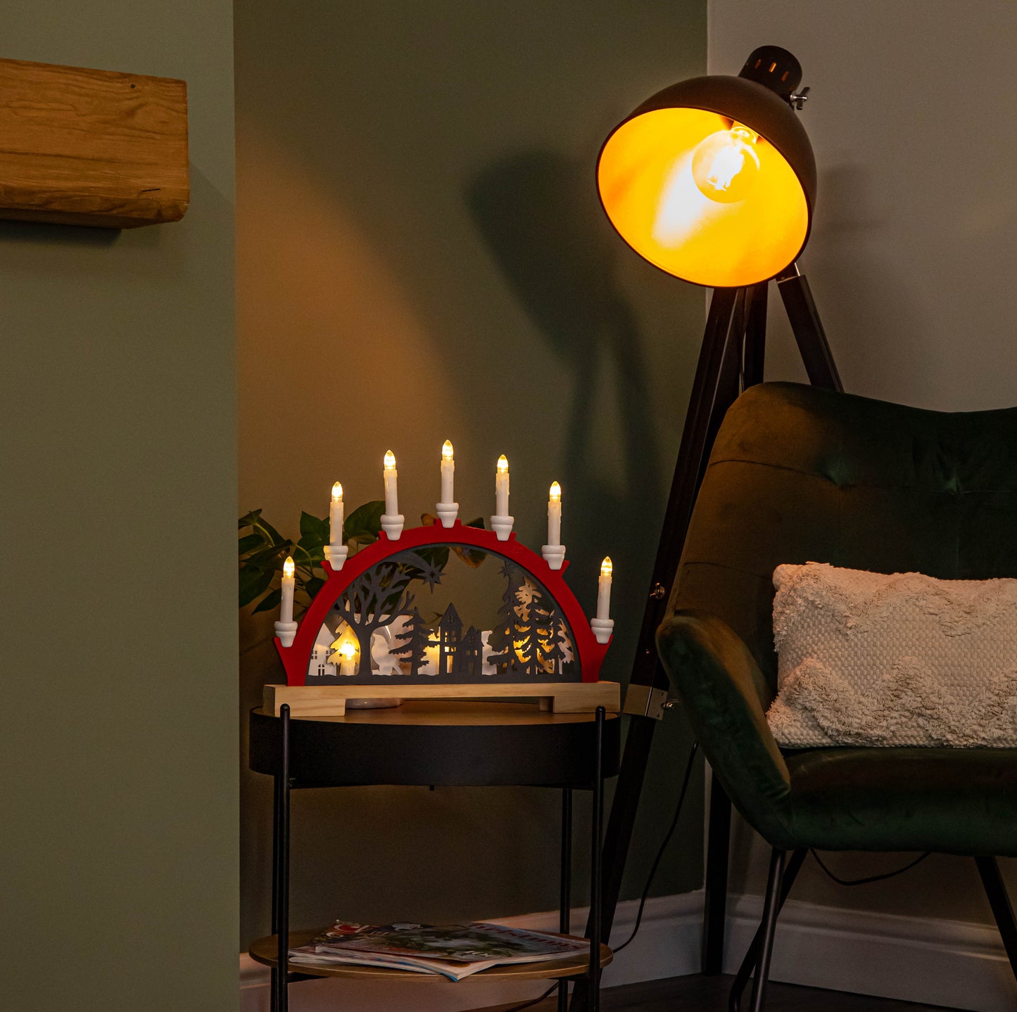 45cm Battery Operated Light up Red Wooden Christmas Candle Bridge with 9 Warm White LEDs