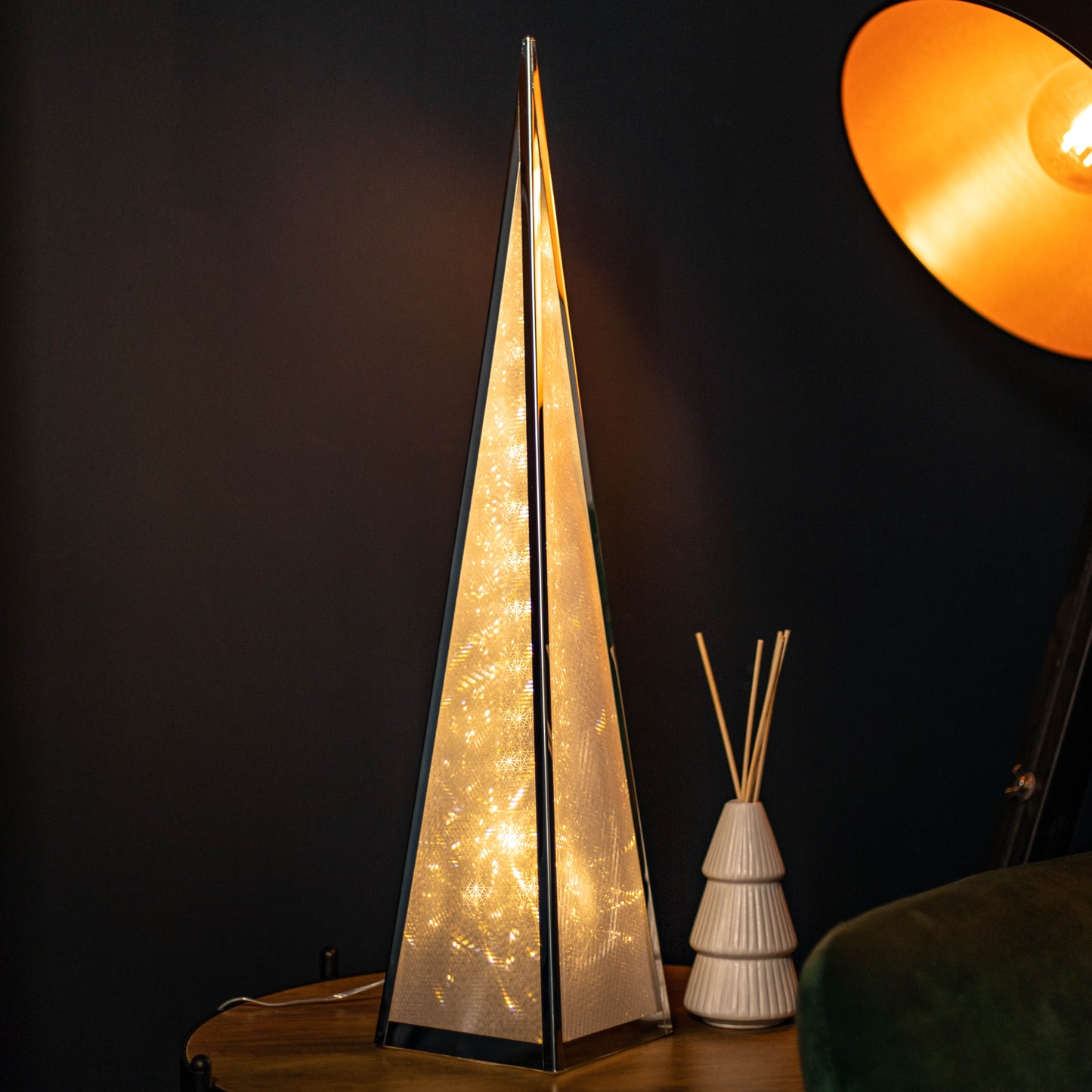 60cm Light up Silver Holographic Christmas Pyramid with 16 Warm White LEDs