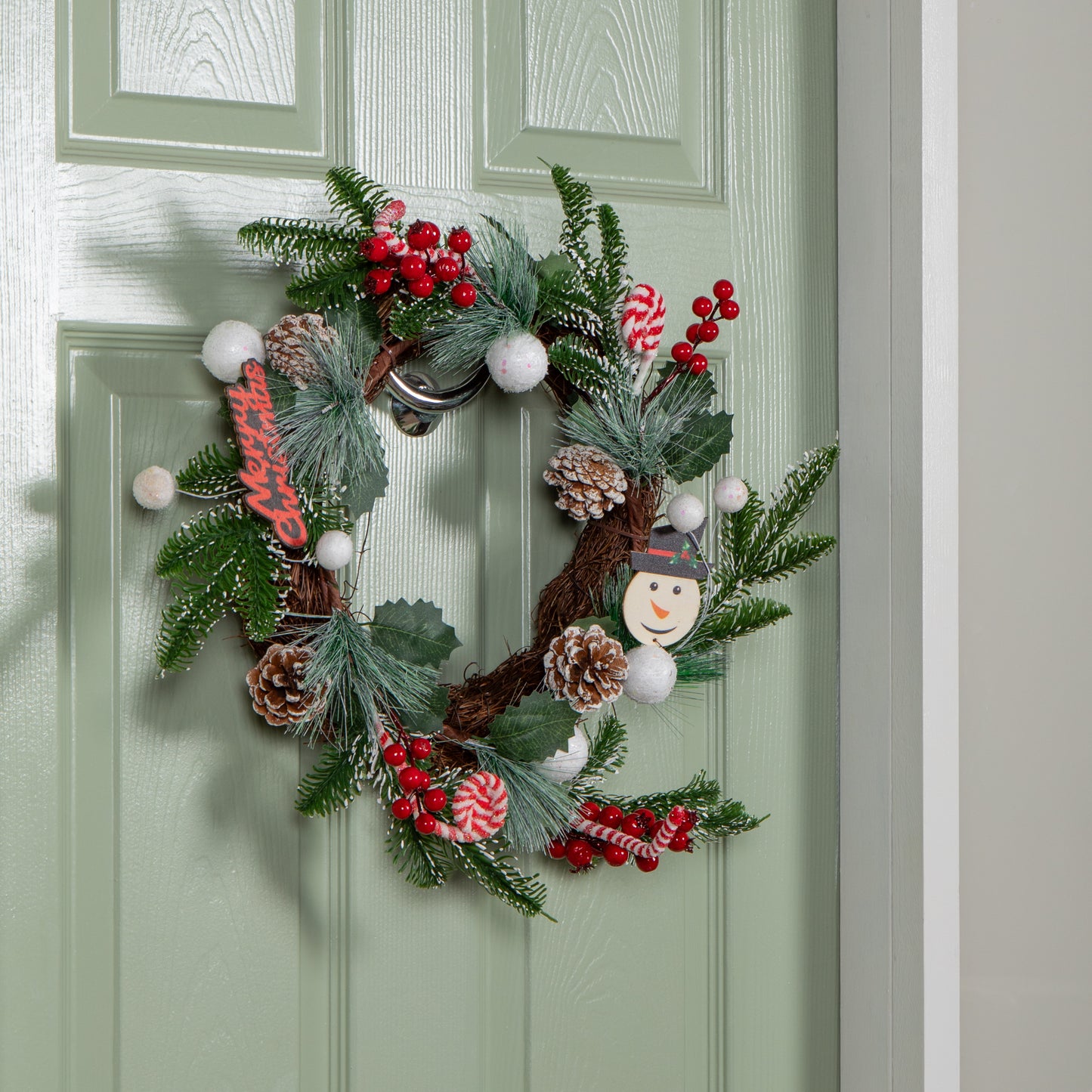 40cm Candy Swirls Christmas Wreath with Pinecones Red Berries and Candy Canes