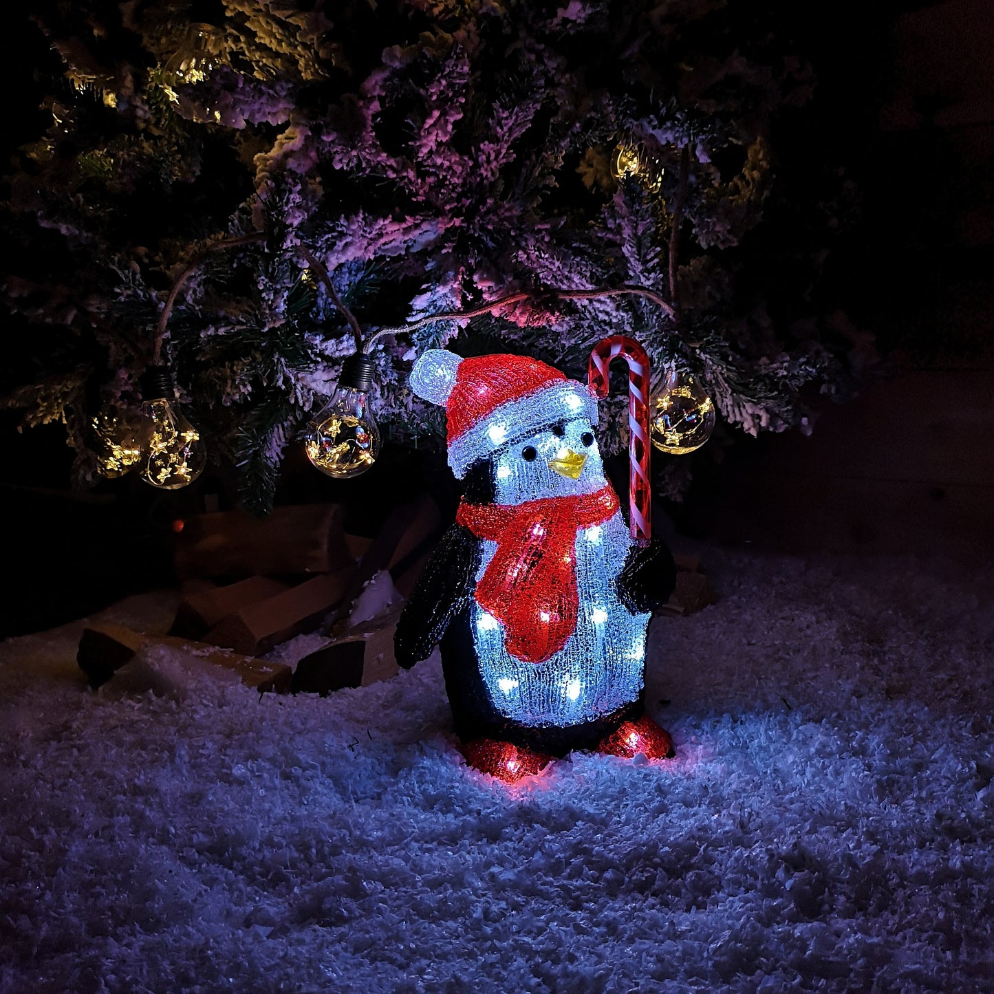 30cm LED Soft Acrylic Penguin with Candy Cane Christmas Decoration