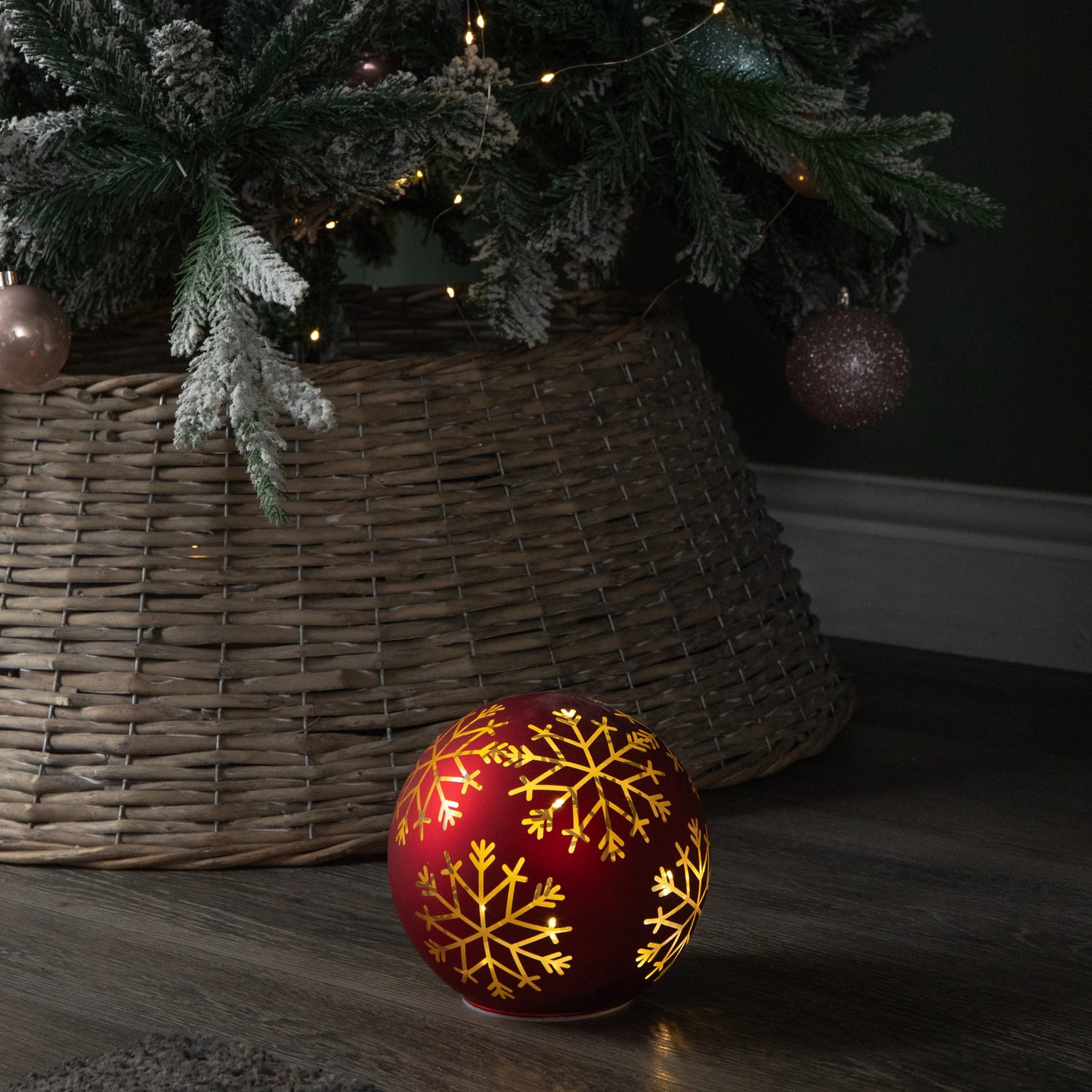 15cm Battery Operated Light up Snowflake Glass Ball in Red with Warm White LEDs