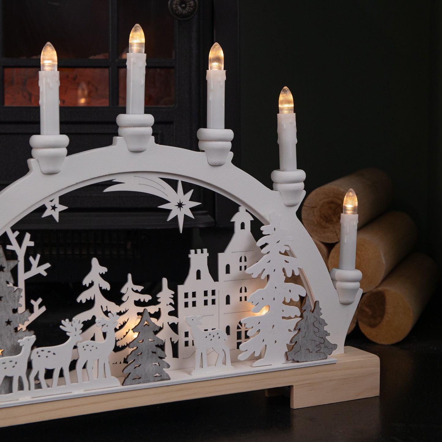 45cm Battery Operated Wooden Christmas Candle Bridge with Reindeer Scene & LEDs