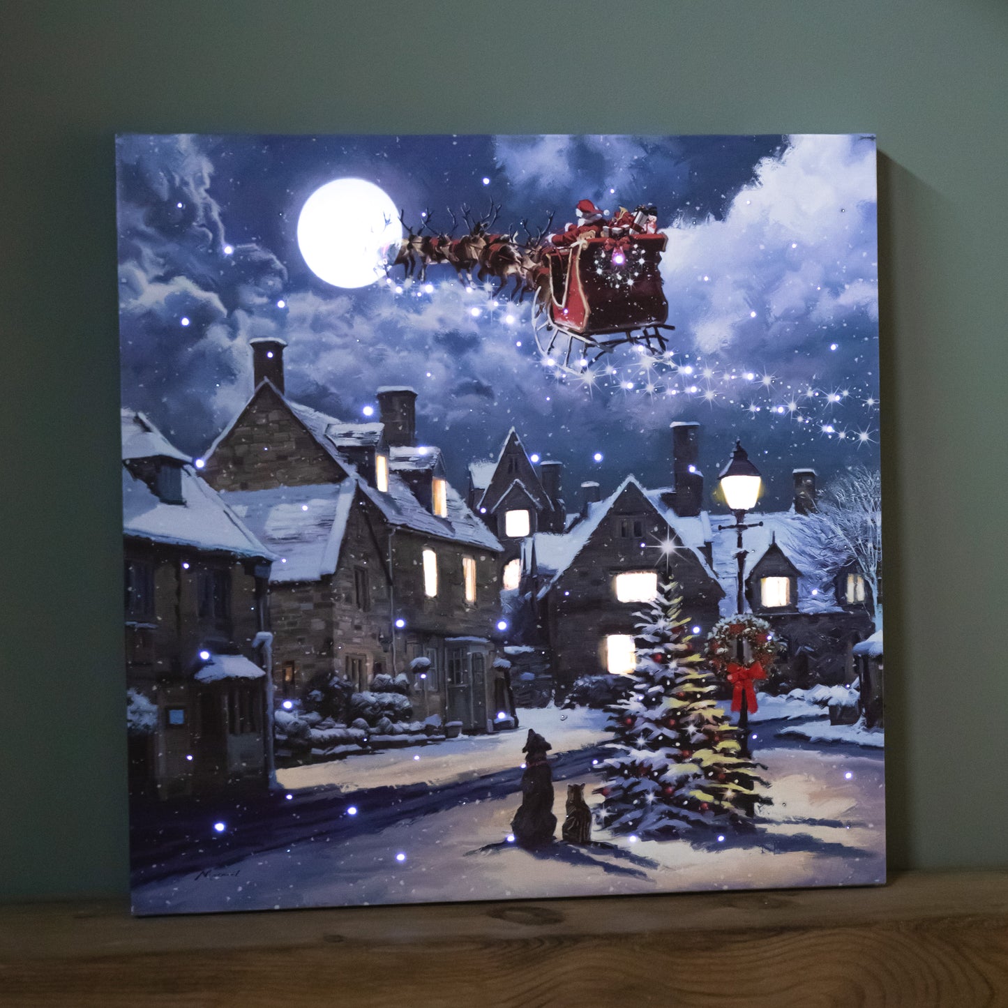 40 x 40cm Battery Operated Light up Christmas Santa & Dog Scene Wall Art with LEDs