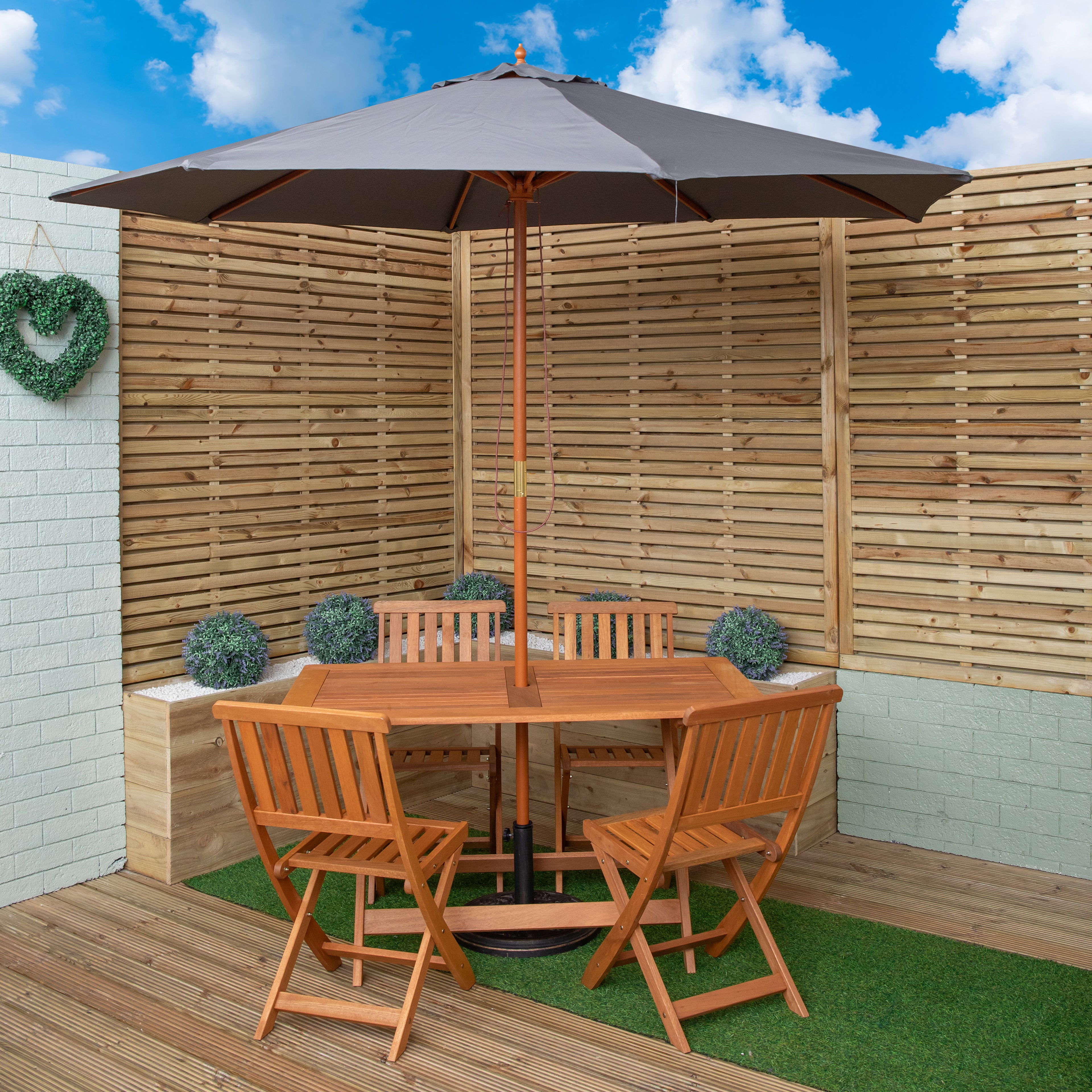 Outdoor 4 Person Folding Rectangular Wooden Garden Dining Table Chairs Grey Parasol and Base Set