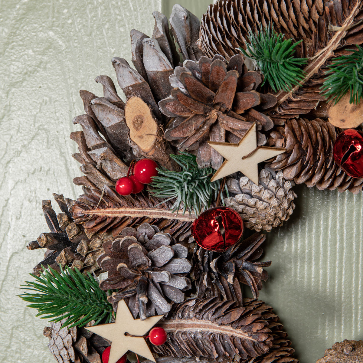 30cm Hanging Christmas Wreath with Red Jingle Bells, Berries and Frosted Stars