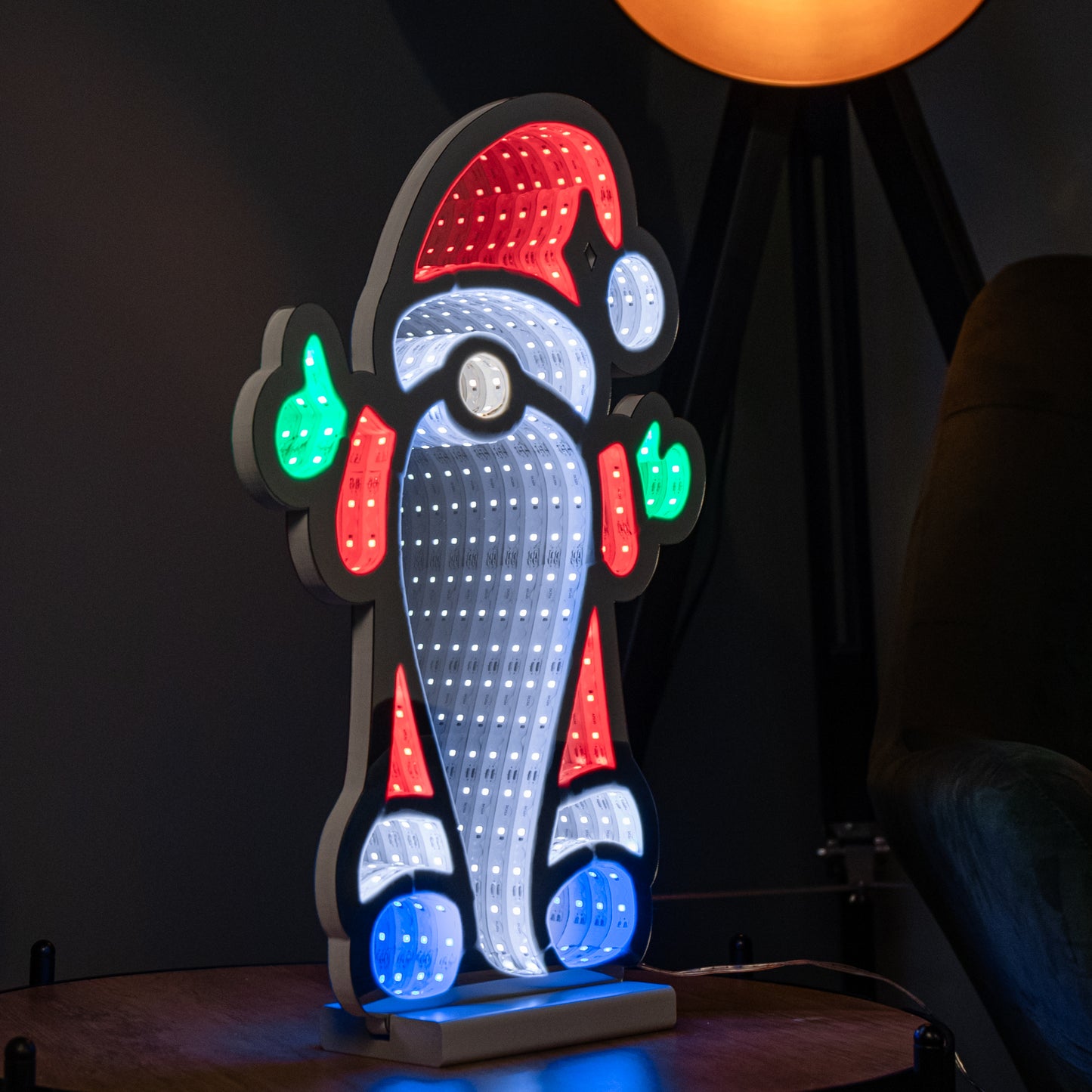 40cm Light up Standing Gnome Christmas Infinity Decoration on Wooden Base with LEDs