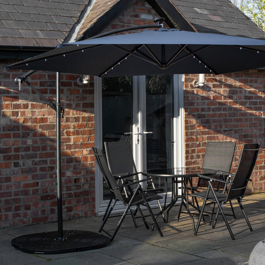 Outdoor 4 Person Round Glass Top Garden Dining Table Chairs With Blue Banana Lit Parasol and Base Set