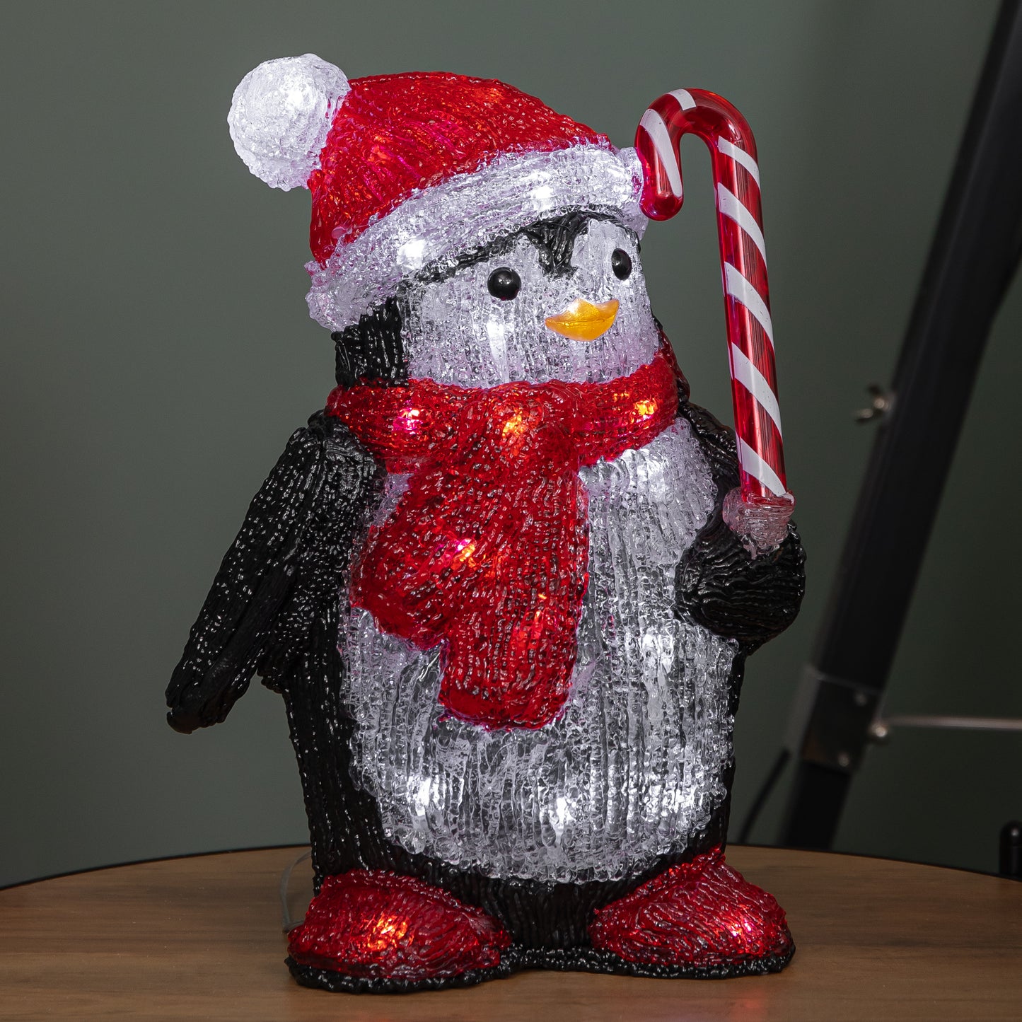 30cm Light up Acrylic Christmas Penguin with Candy Cane Decorations & White LEDs