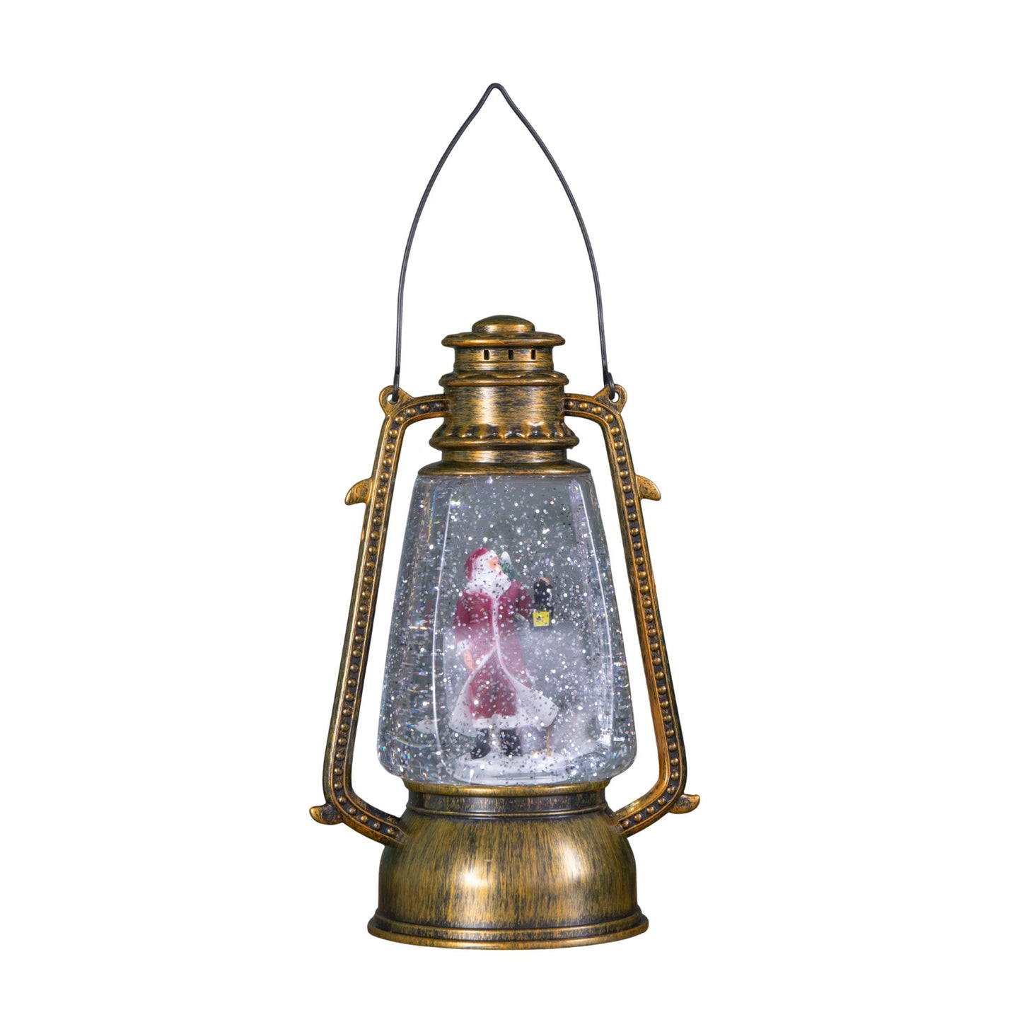 24cm Dual Powered Light up Antique Lantern Christmas Water Spinner with Santa Scene