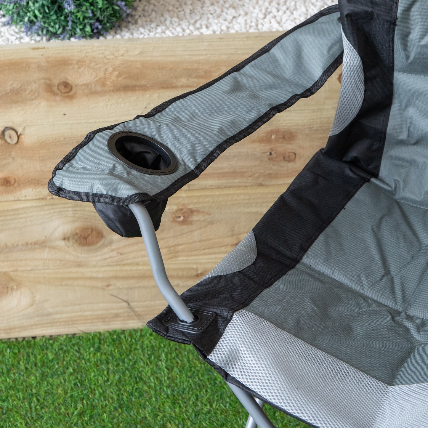 Luxury Padded High Back Outdoor Folding Chair with Cupholder in Grey