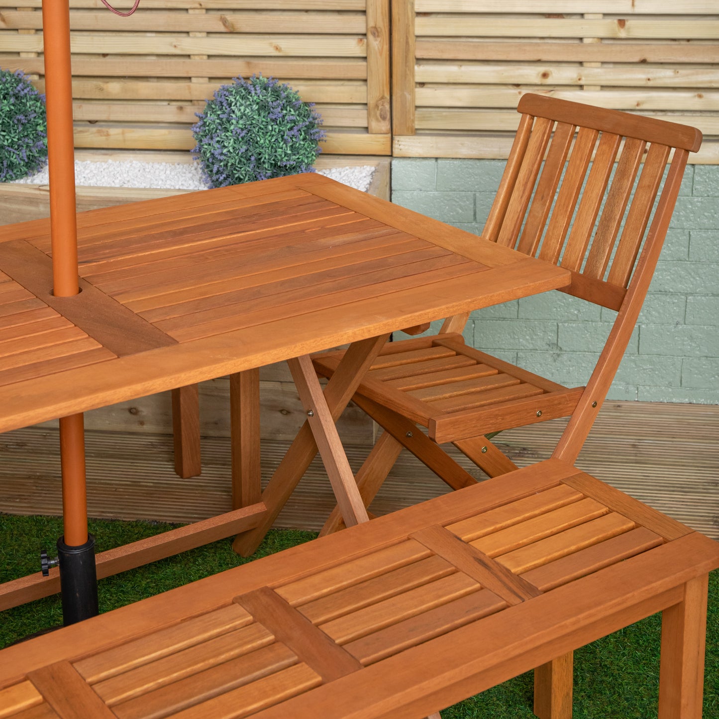 Outdoor 6 Person Rectangular Wooden Garden Dining Table, 2 Benches, Chairs with Grey Parasol and Base Set