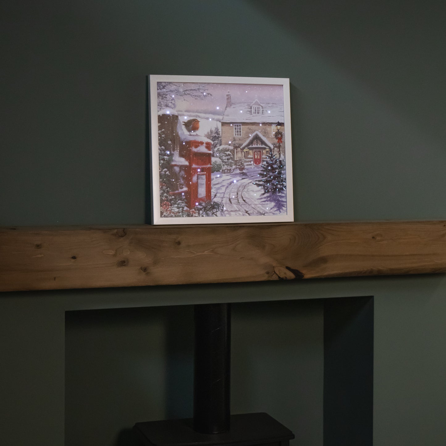 Battery Operated 40 x 40cm Light up Snowy Christmas Robin Scene Picture Canvas