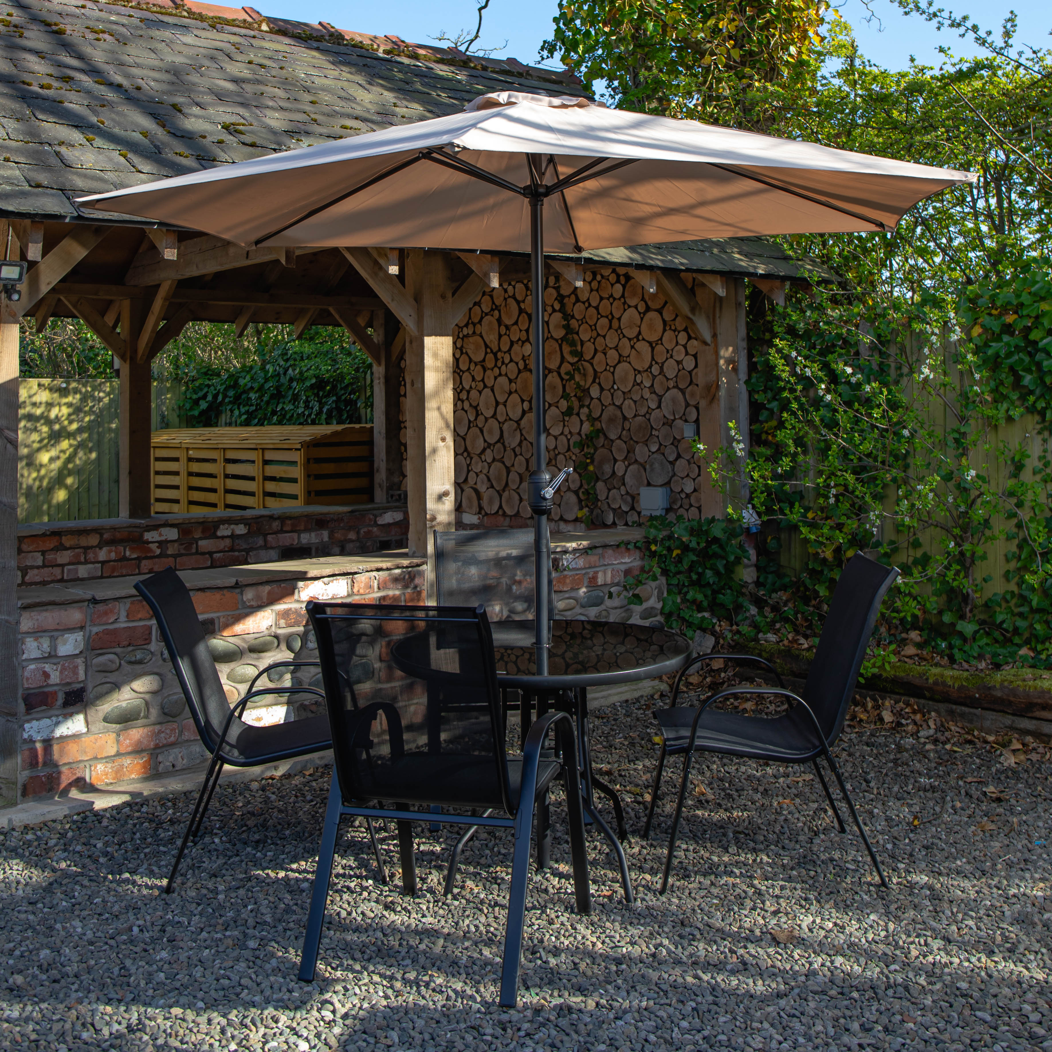 Outdoor 4 Person Round Glass Top Garden Dining Table Chairs With Beige Parasol and Base Set
