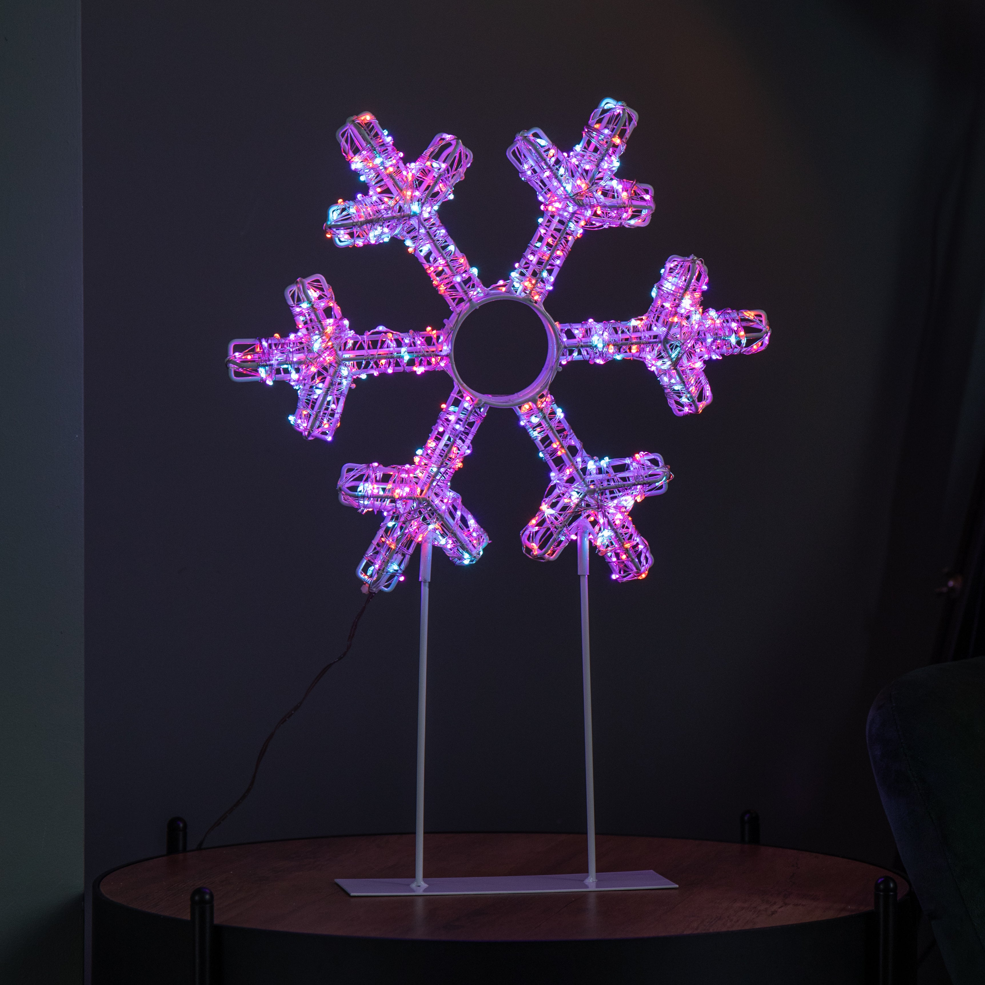 45cm Light up White Christmas Snowflake on Metal Stand with Twinkling Rainbow LEDs