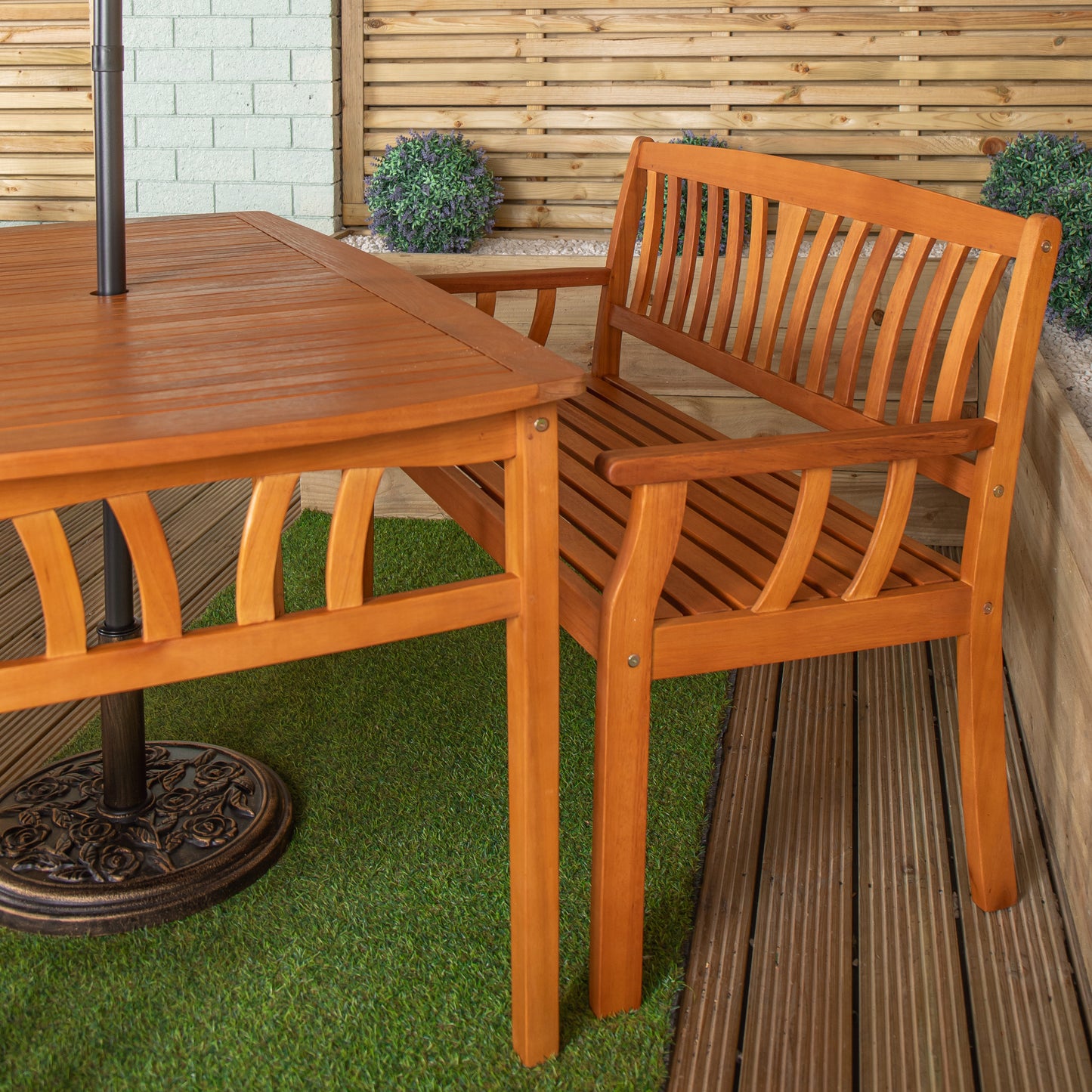 Outdoor 4 Person Rectangular Wooden Dining Table 2 Benches with Grey Havana Parasol & Base