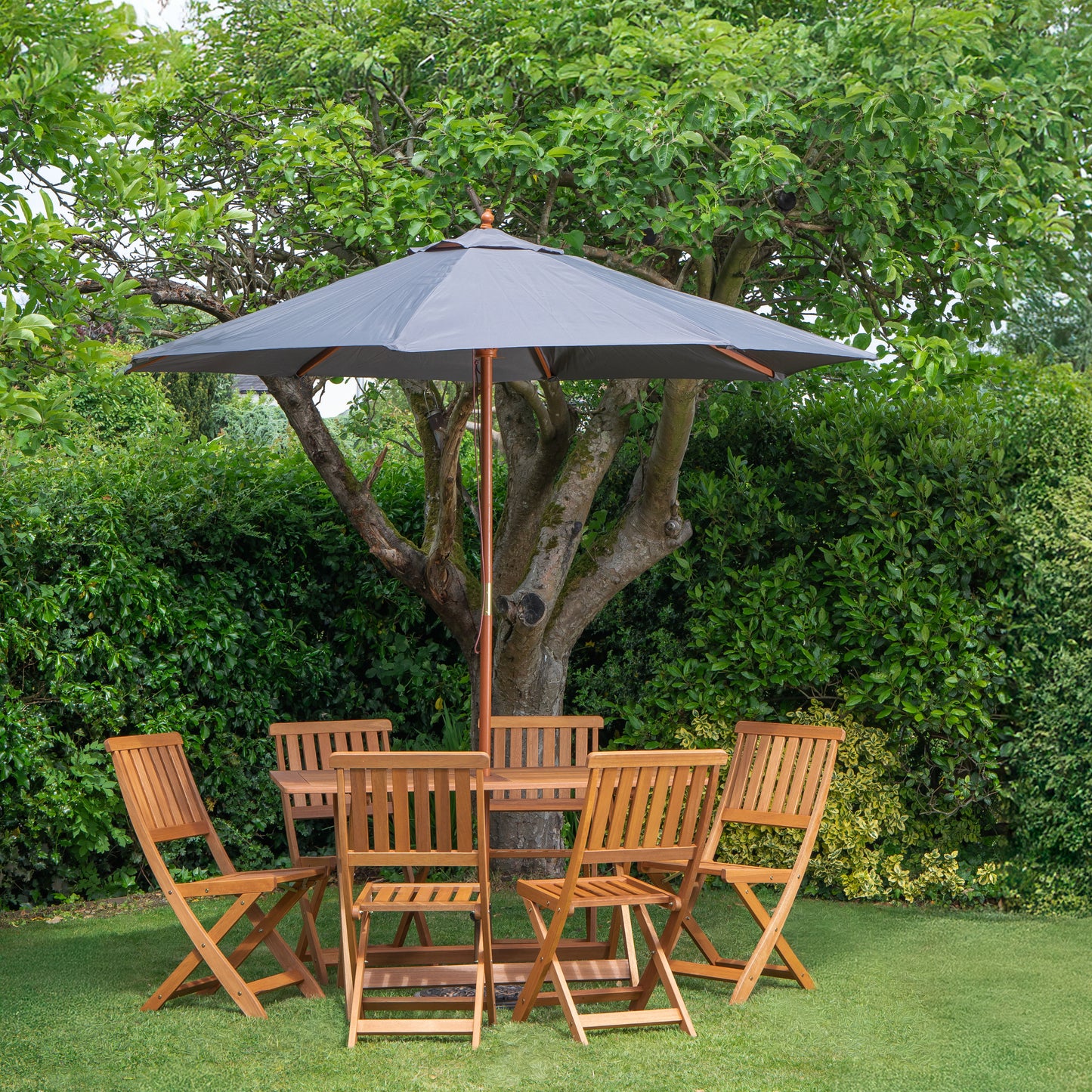 Outdoor 6 Person Folding Rectangular Wooden Garden Dining Table Chairs Grey Parasol and Base set