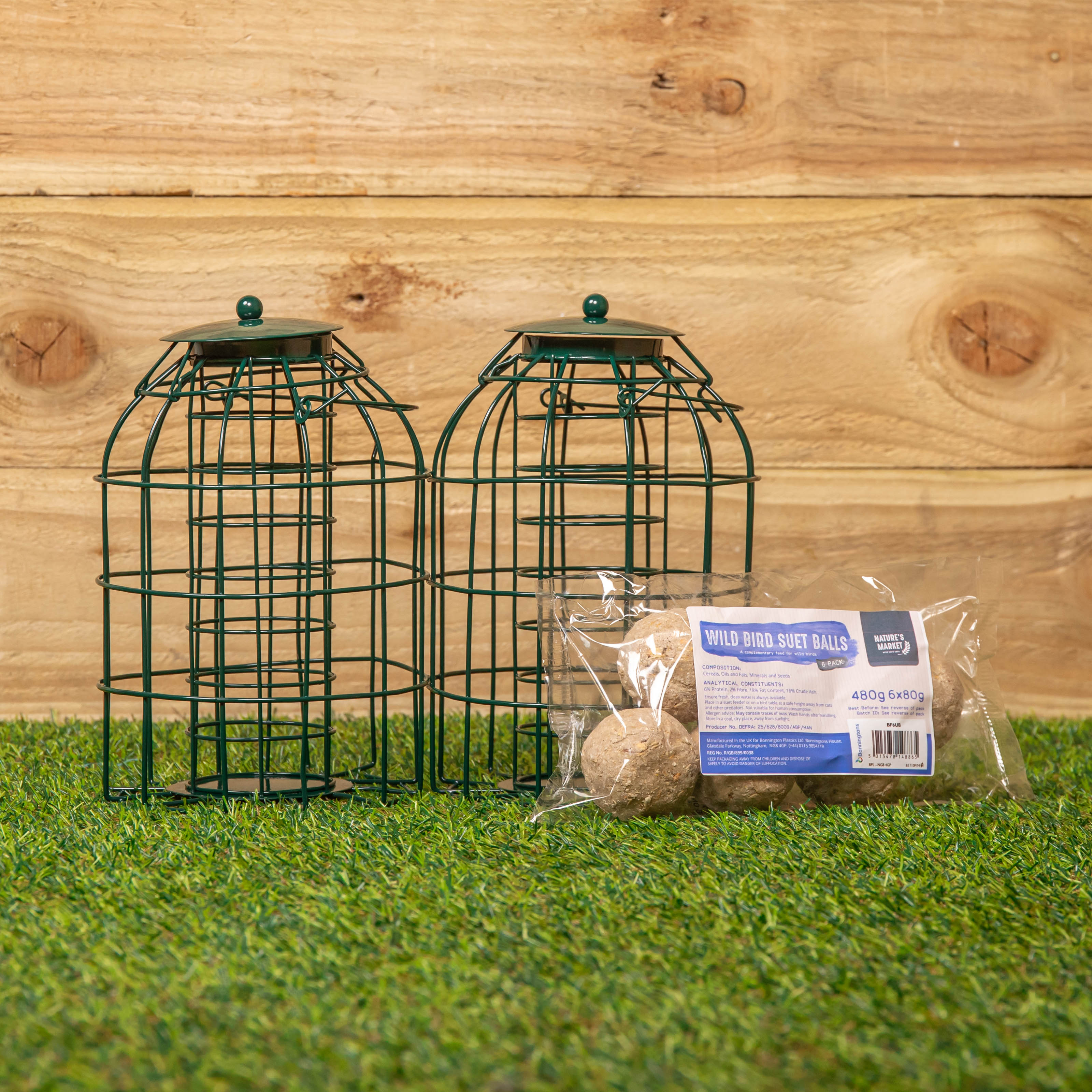 Pack of 2 Samuel Alexander Metal Hanging Bird Fat Ball Feeder with Squirrel Guard & Pack of 6 Suet Fat Balls