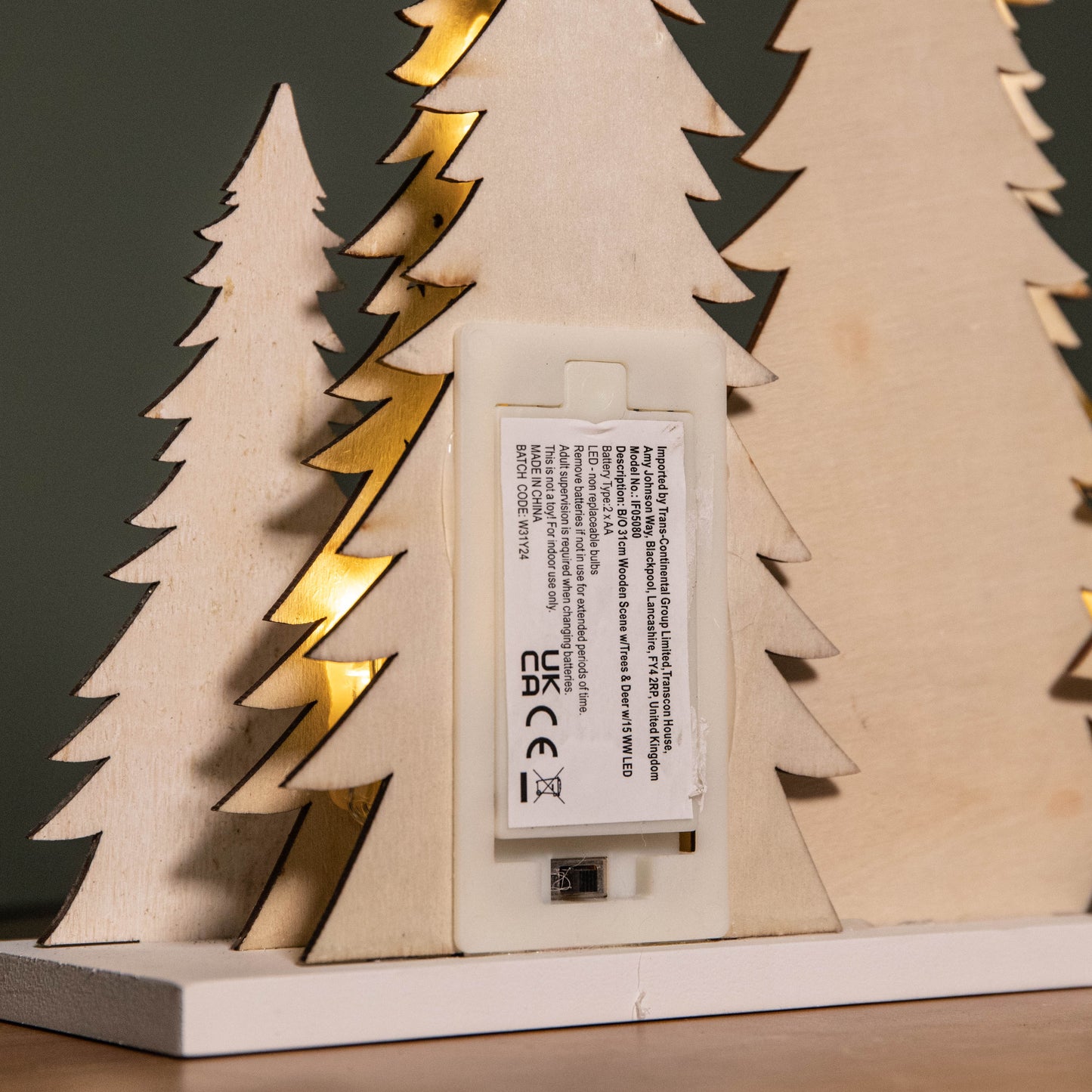 31cm Battery Operated Light up Wooden Christmas Tree with Deer and 15 Warm White LEDs