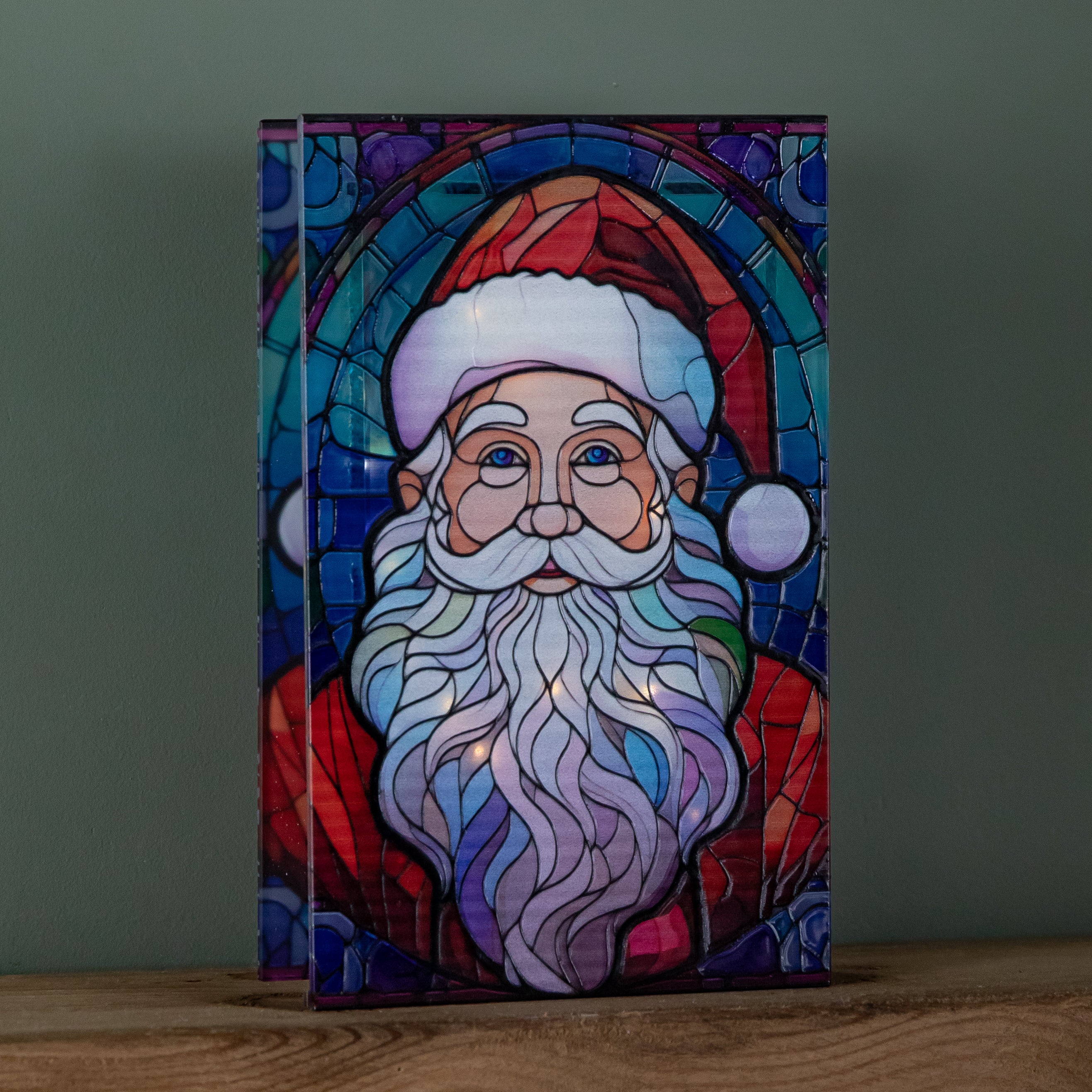 21cm Battery Operated Double Sided Stained Glass Santa Decoration with LEDs