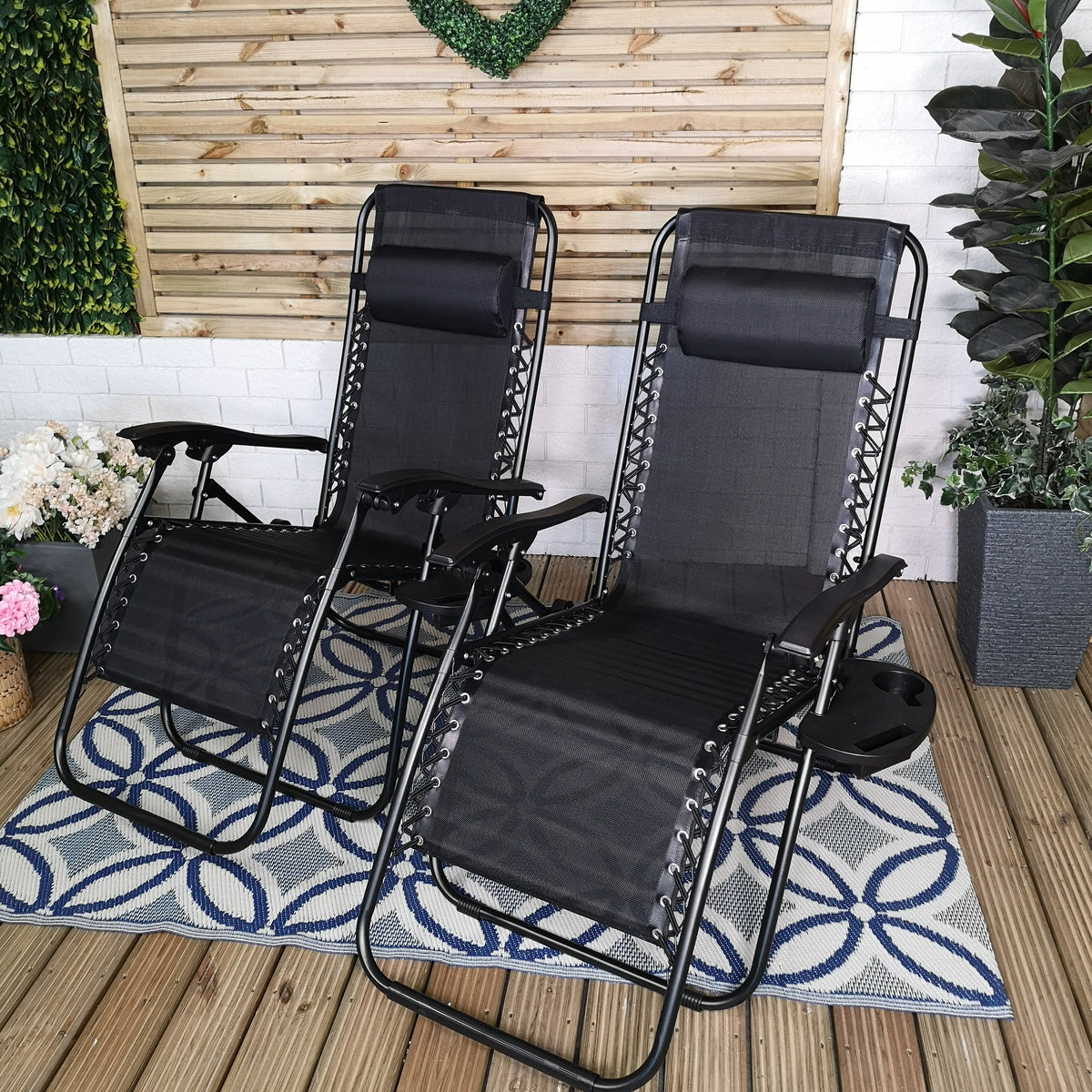 Set of 2 Black Multi Position Textoline Zero Gravity Garden Relaxer Chair Lounger