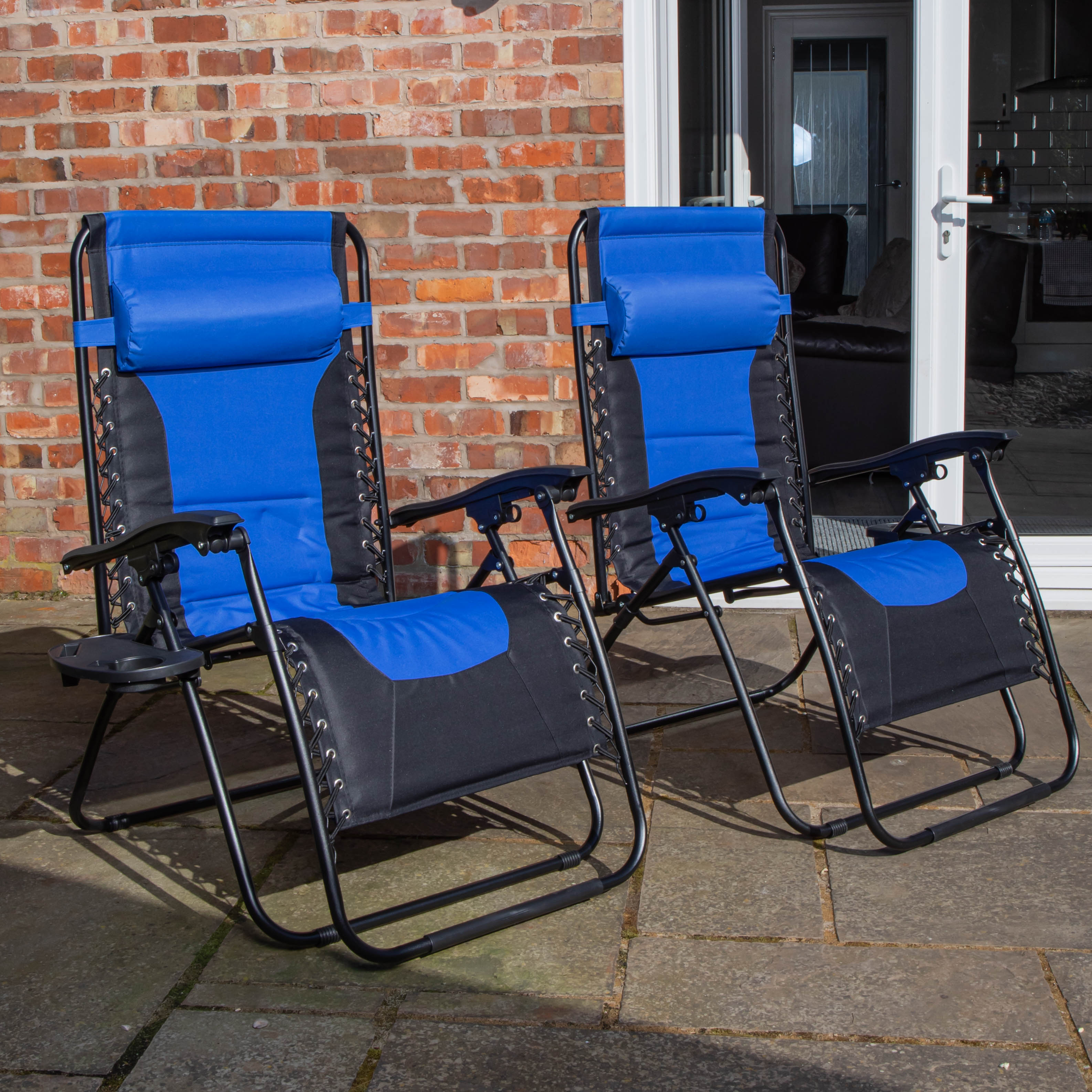 Set of 2 Luxury Padded Multi Position Zero Gravity Garden Relaxer Chair Lounger in Blue & Black