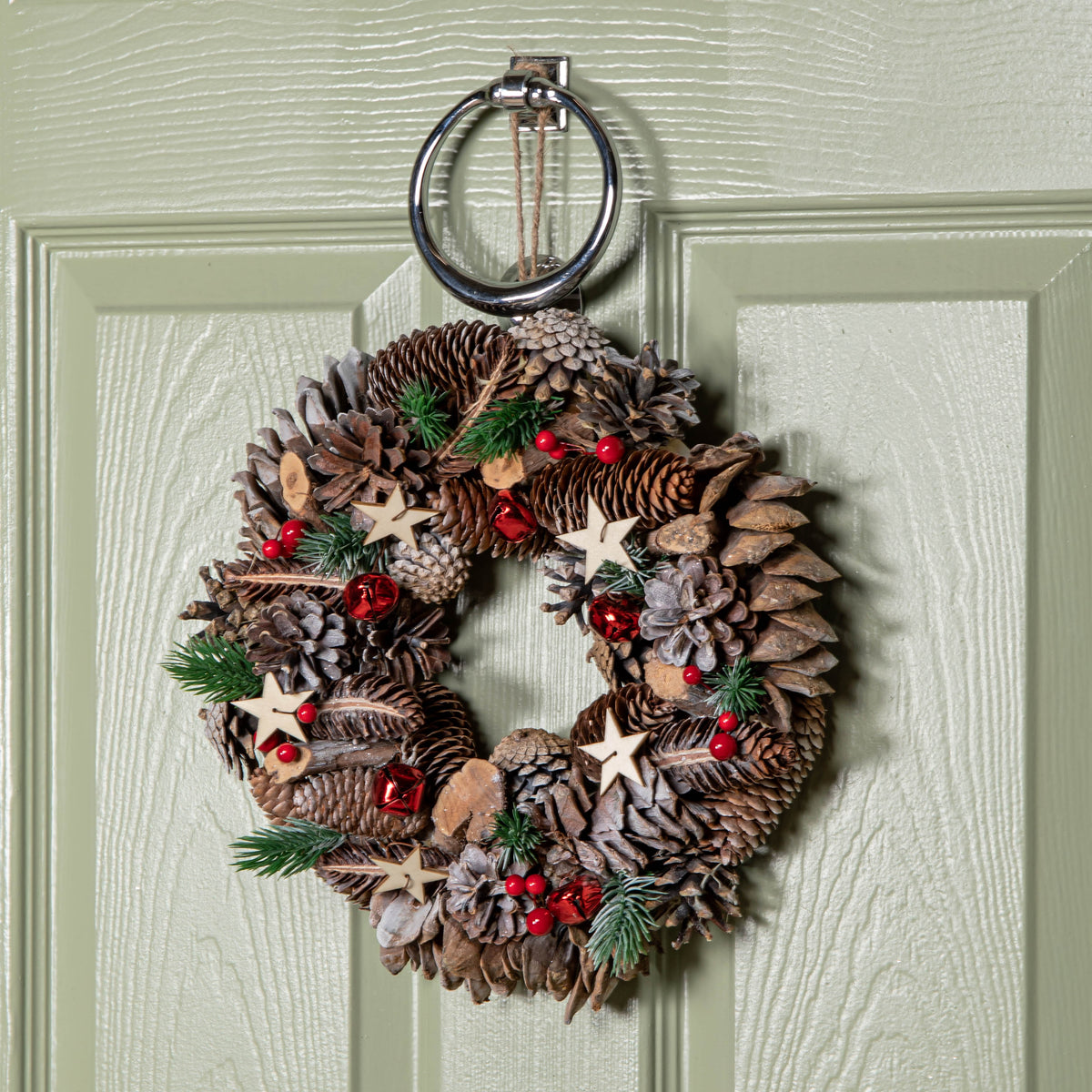 30cm Hanging Christmas Wreath with Red Jingle Bells, Berries and Frosted Stars