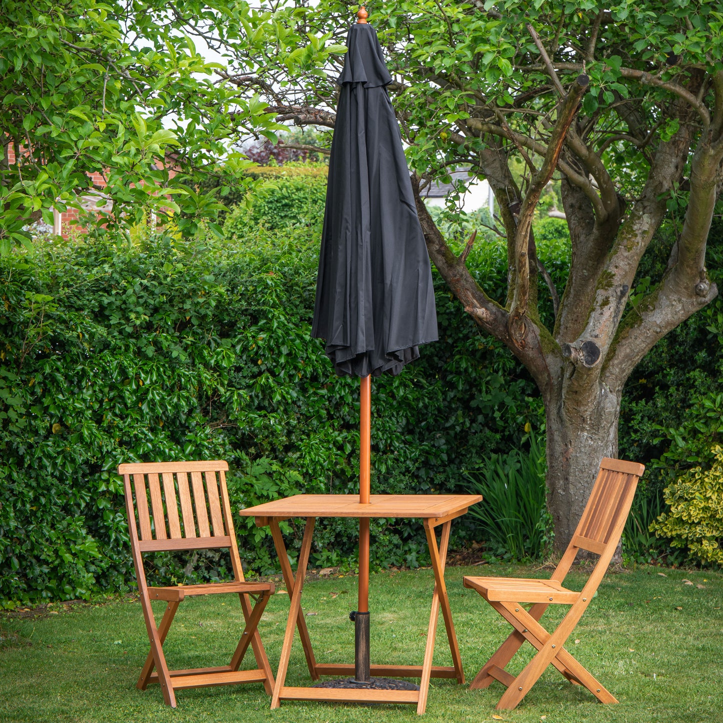 Outdoor 2 Person Folding Square Wooden Garden Dining Table Chairs Black Parasol and Base Set