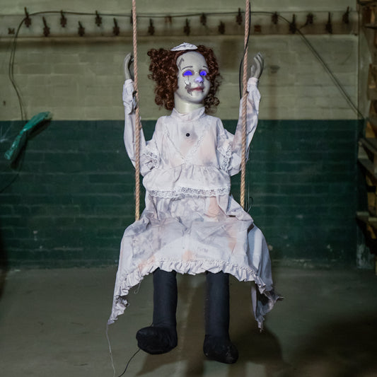 Factory Seconds: 5.5ft Motion Activated Animated Swinging Decrepit Halloween Doll with LEDs