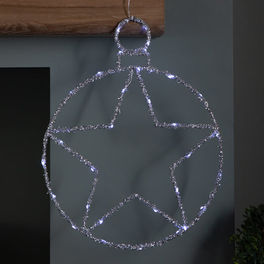 49cm Battery Powered Light up Christmas Silver Star Ball with Twinkling White LEDs