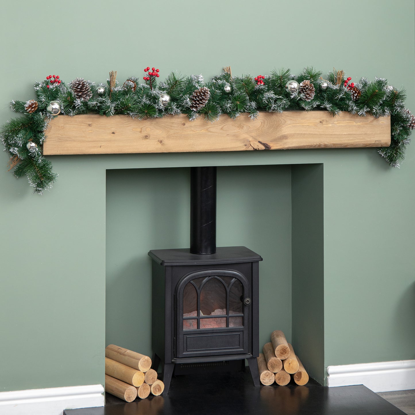 1.8m (6ft) Dressed Christmas Garland with Silver Baubles Pinecones & Berries