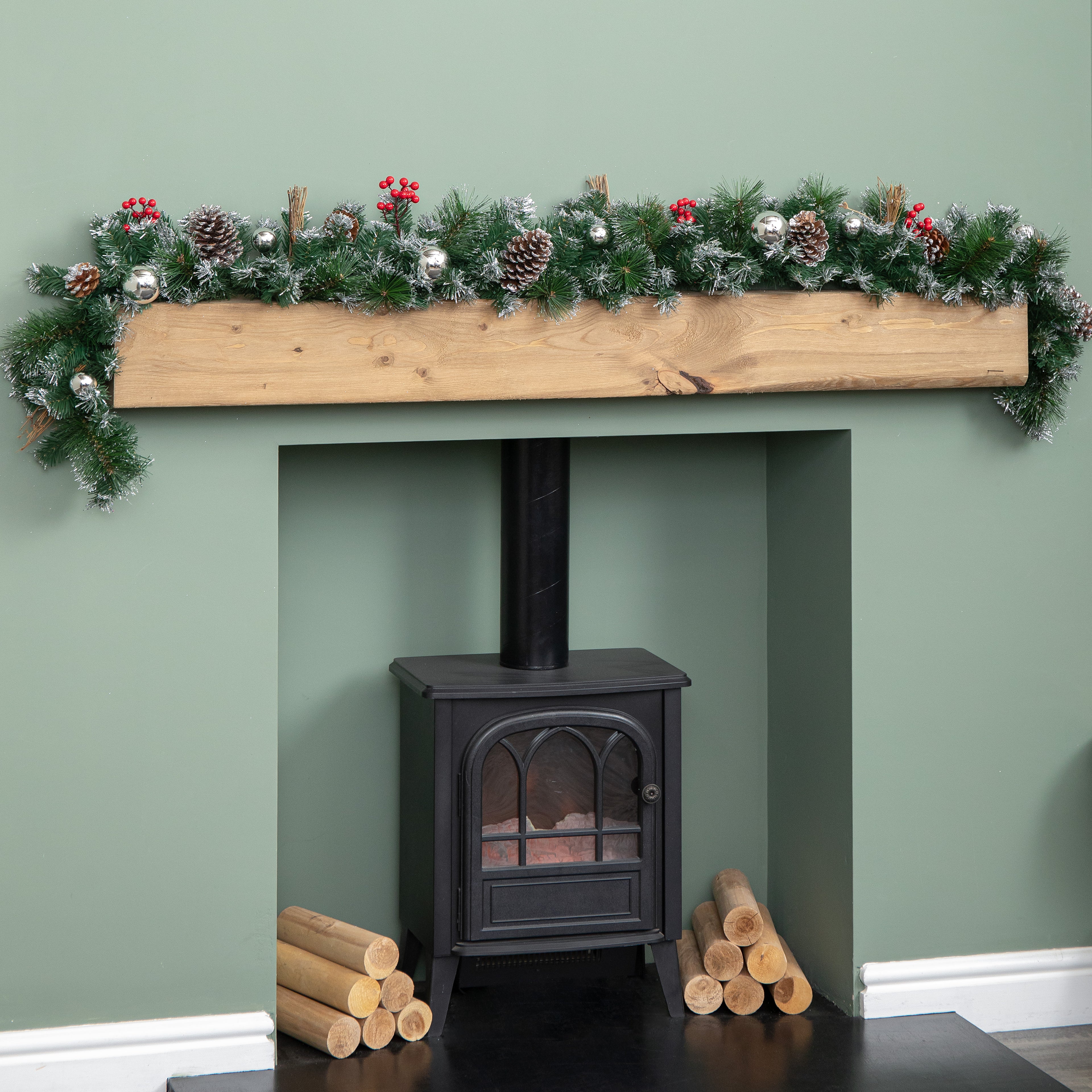 1.8m (6ft) Dressed Christmas Garland with Silver Baubles Pinecones & Berries