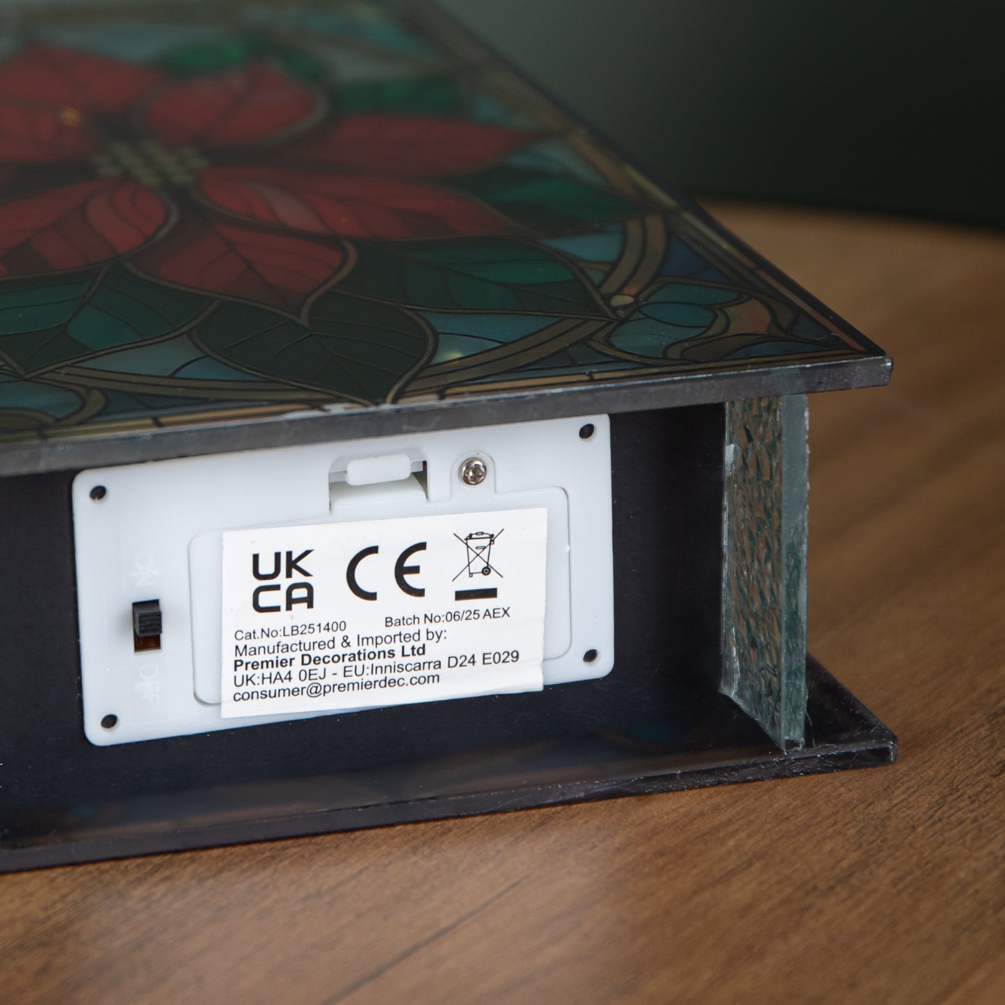 21cm Battery Operated Light up Double Sided Stained Glass Poinsettia Decoration with LEDs