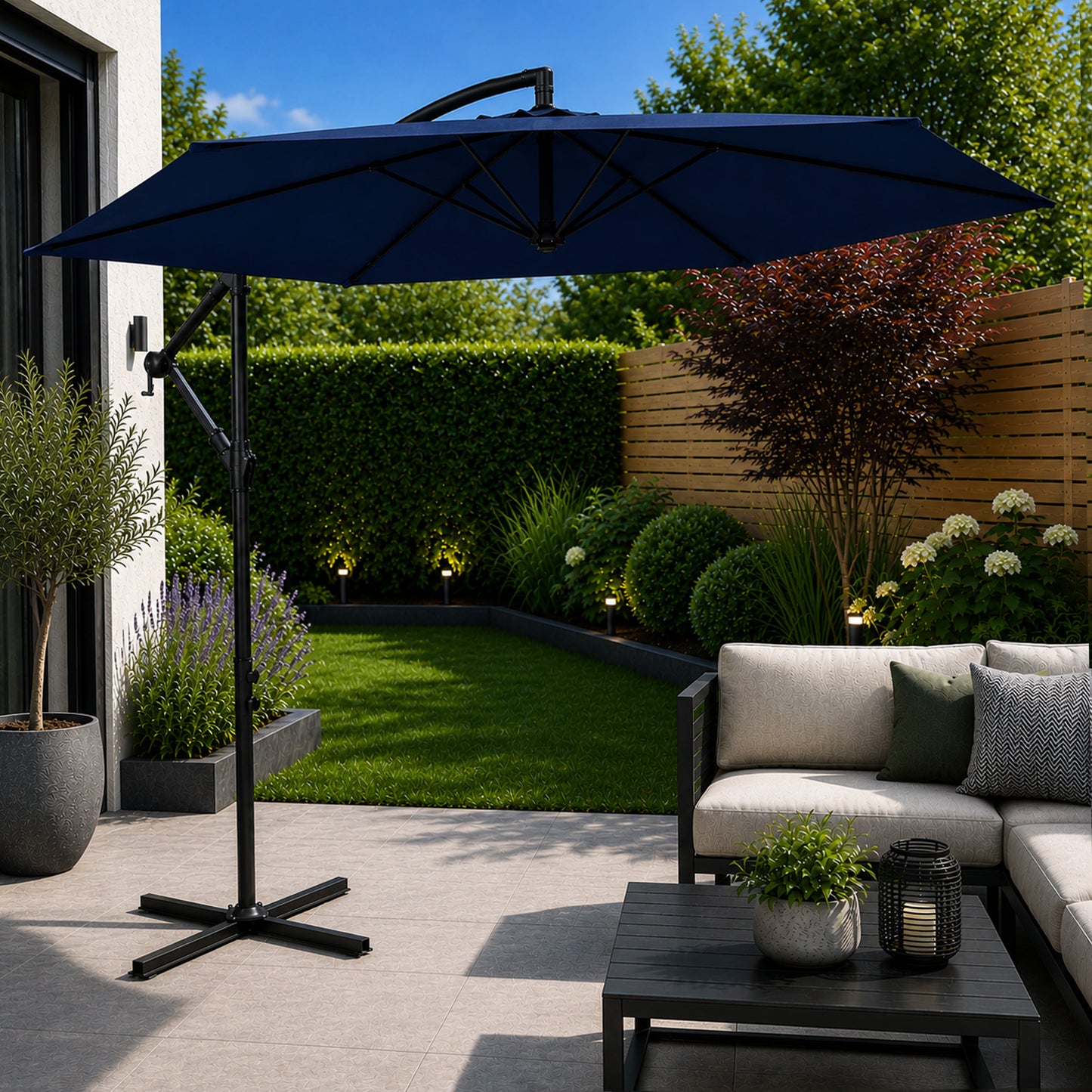 3m Hanging Banana Cantilever Garden Parasol with Cover in Blue