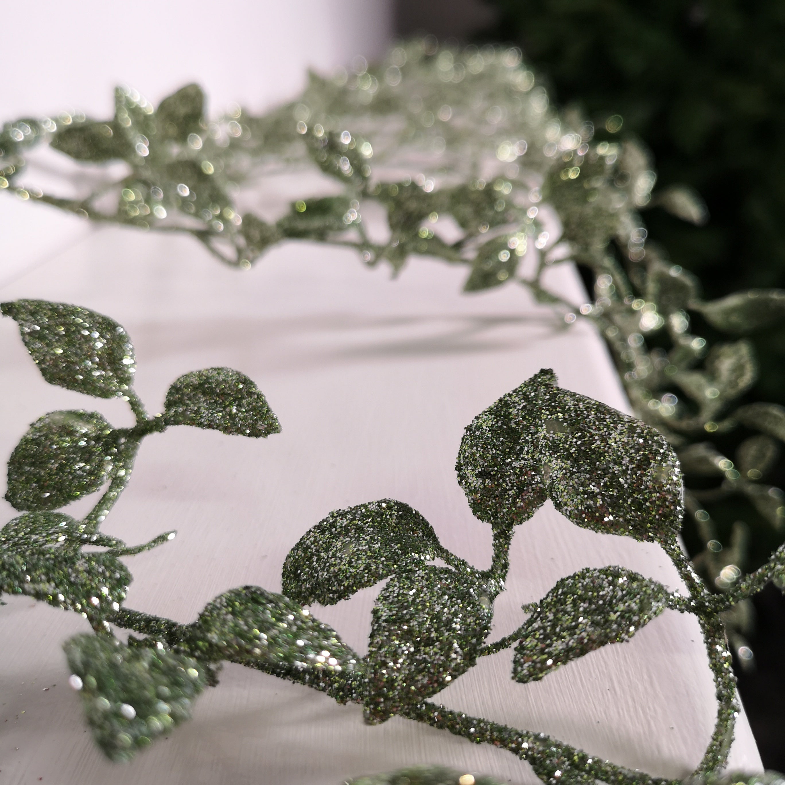 1.5m Green Glitter Leaf Christmas Garland Decoration with Hanging Loop