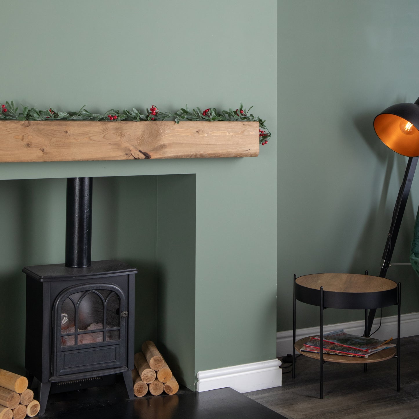 1.90m Festive Garland with Green Seasonal Leaves and Red Berries