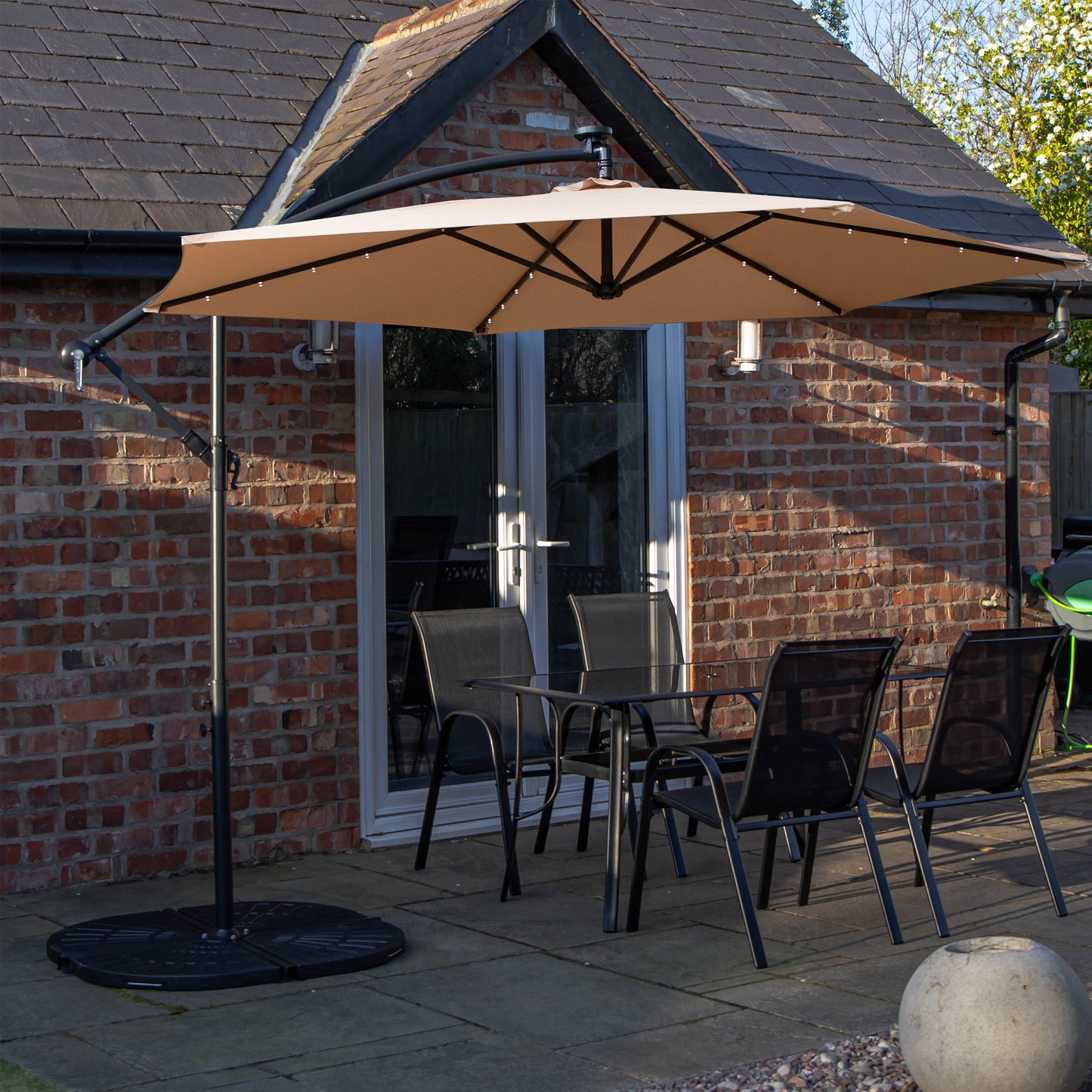 Outdoor 4 Person Rectangular Glass Top Garden Dining Table Chairs With Beige Banana Lit Parasol and Base