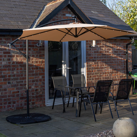 Outdoor 4 Person Rectangular Glass Top Garden Dining Table Chairs With Beige Banana Lit Parasol and Base