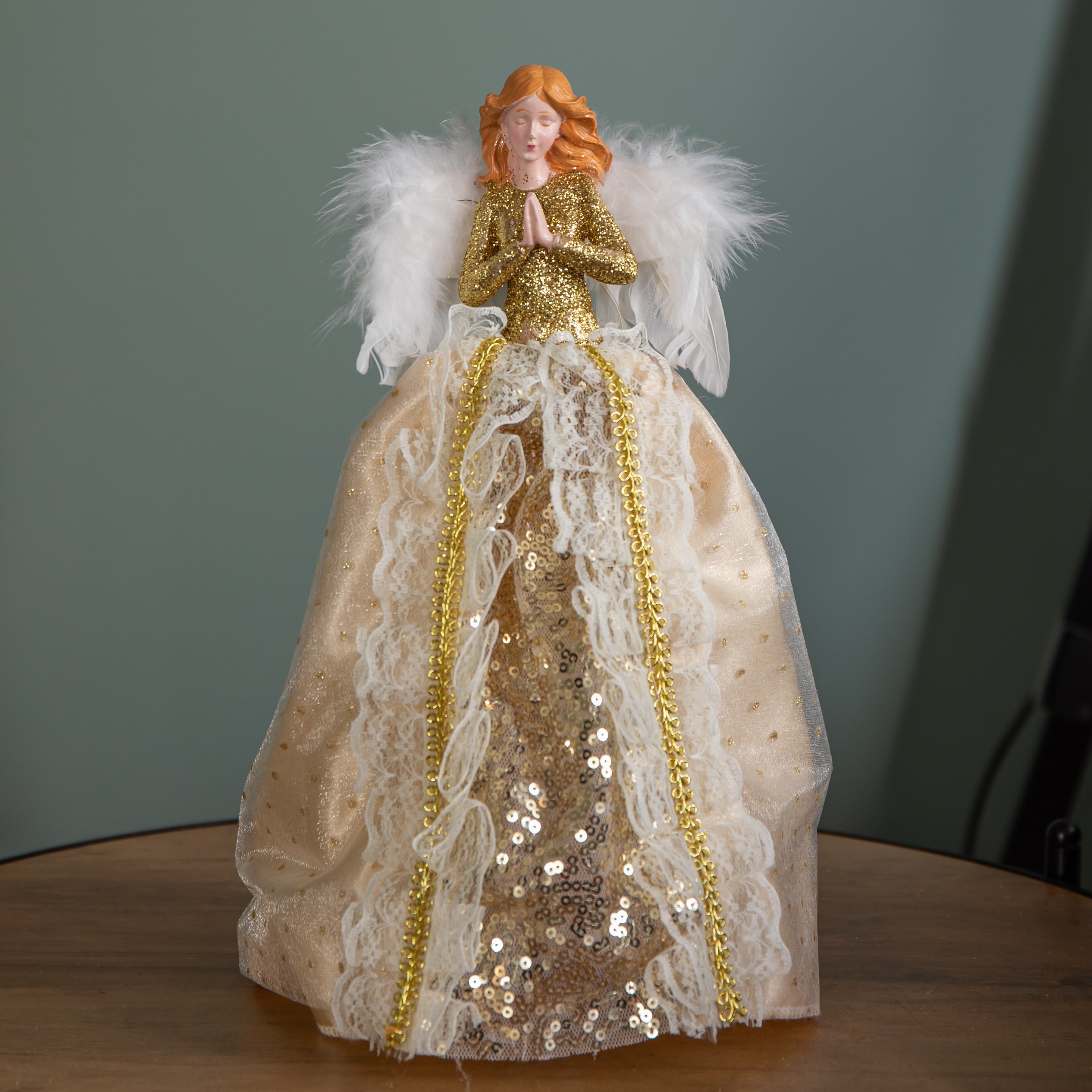 25cm Christmas Angel Tree Topper Decoration with Feather Wings in Gold