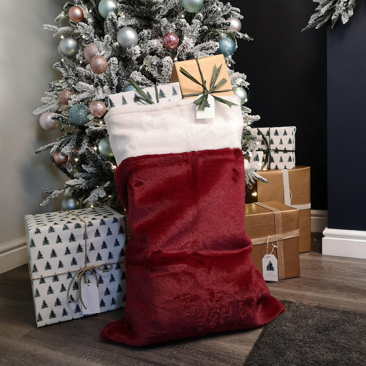 80cm Red Christmas Present Sack with White Faux Fur Trim and Pom Poms