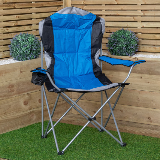 Luxury Padded High Back Outdoor Folding Chair with Cupholder in Blue