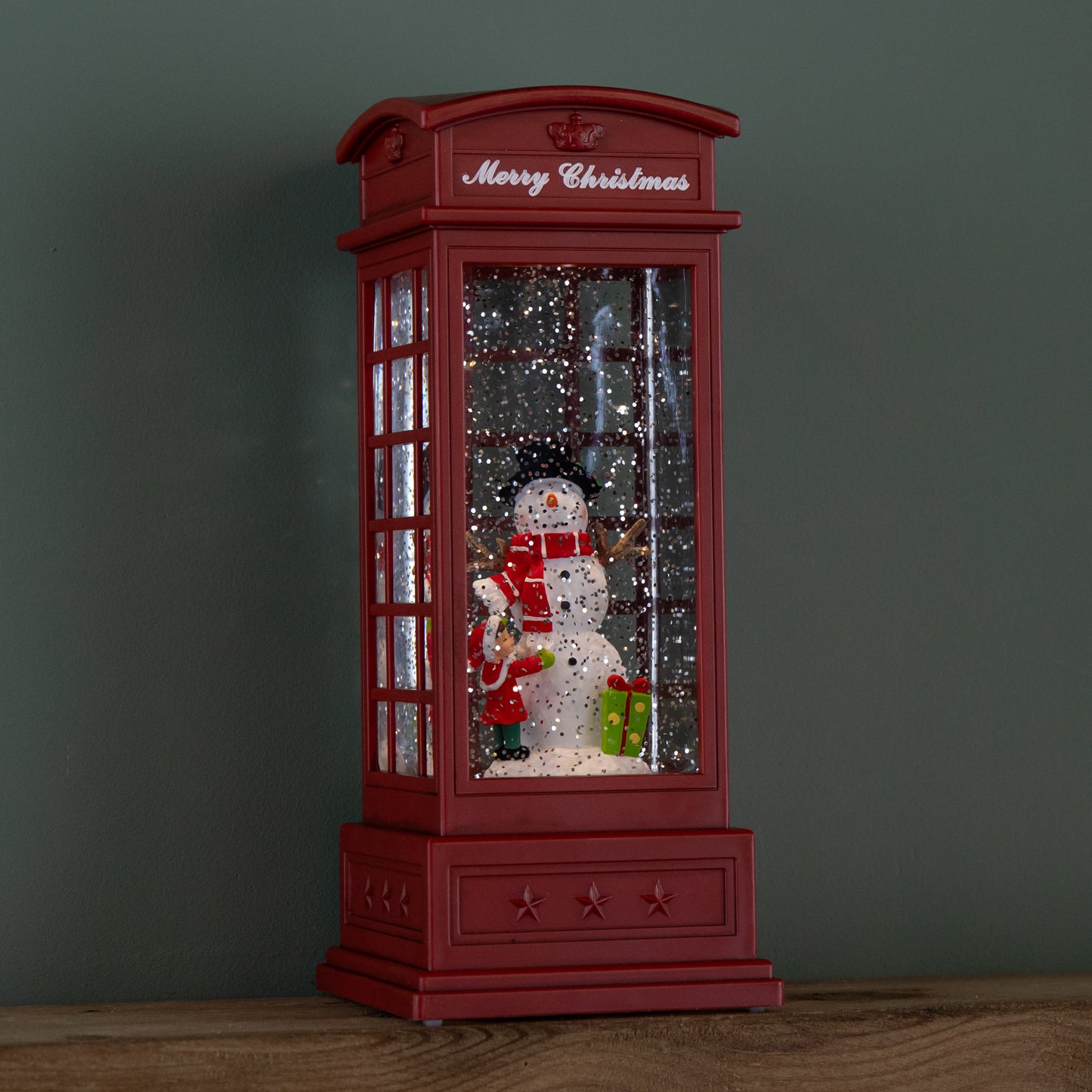 25cm Battery Operated Light up Christmas Phone Box Water Spinner with Snowman Scene & LEDs
