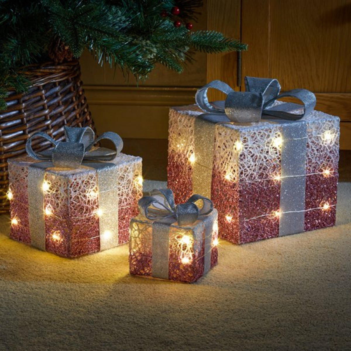 Set of 3 Battery Operated Pink Sparkly Christmas Gift Boxes with LEDs