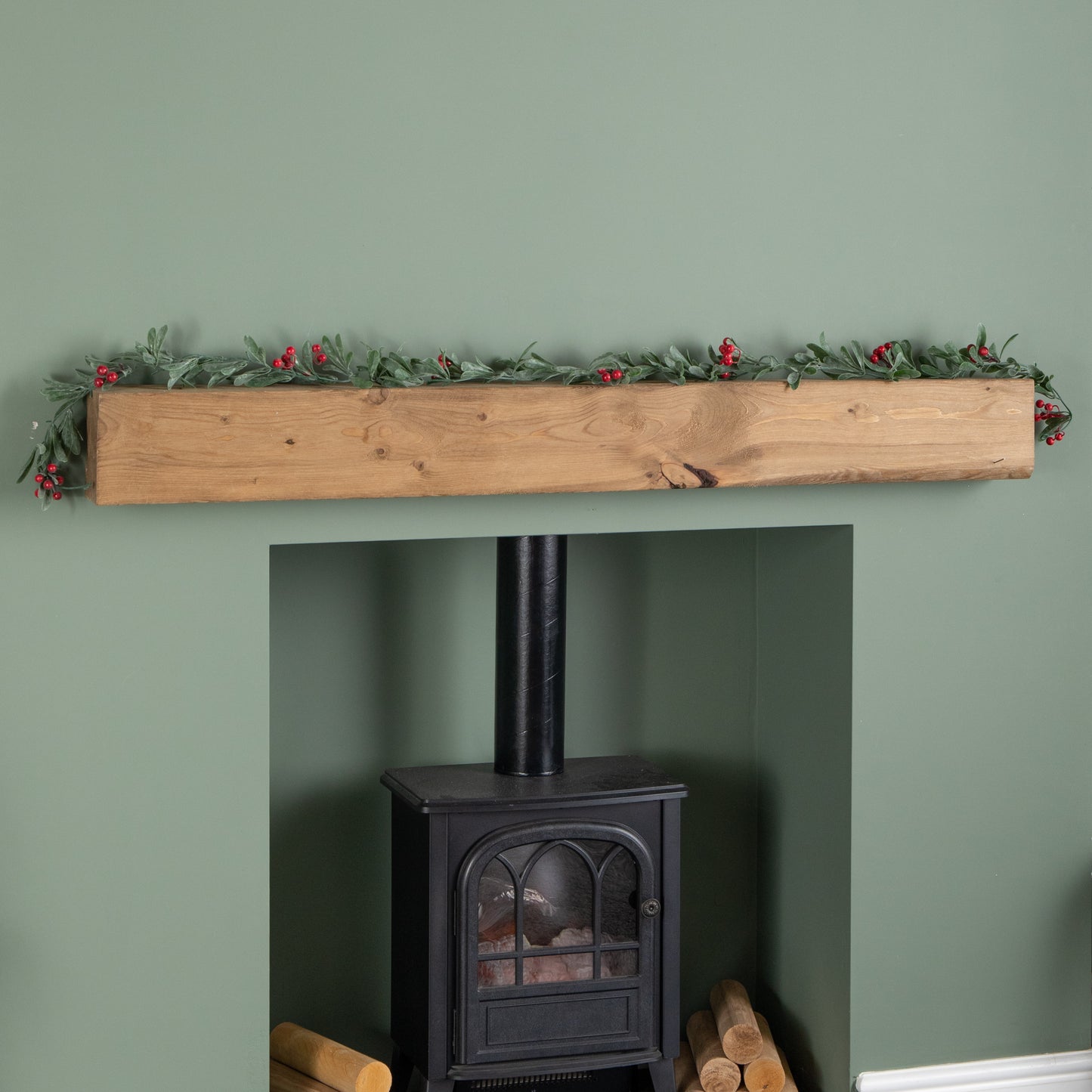 1.90m Festive Garland with Green Seasonal Leaves and Red Berries