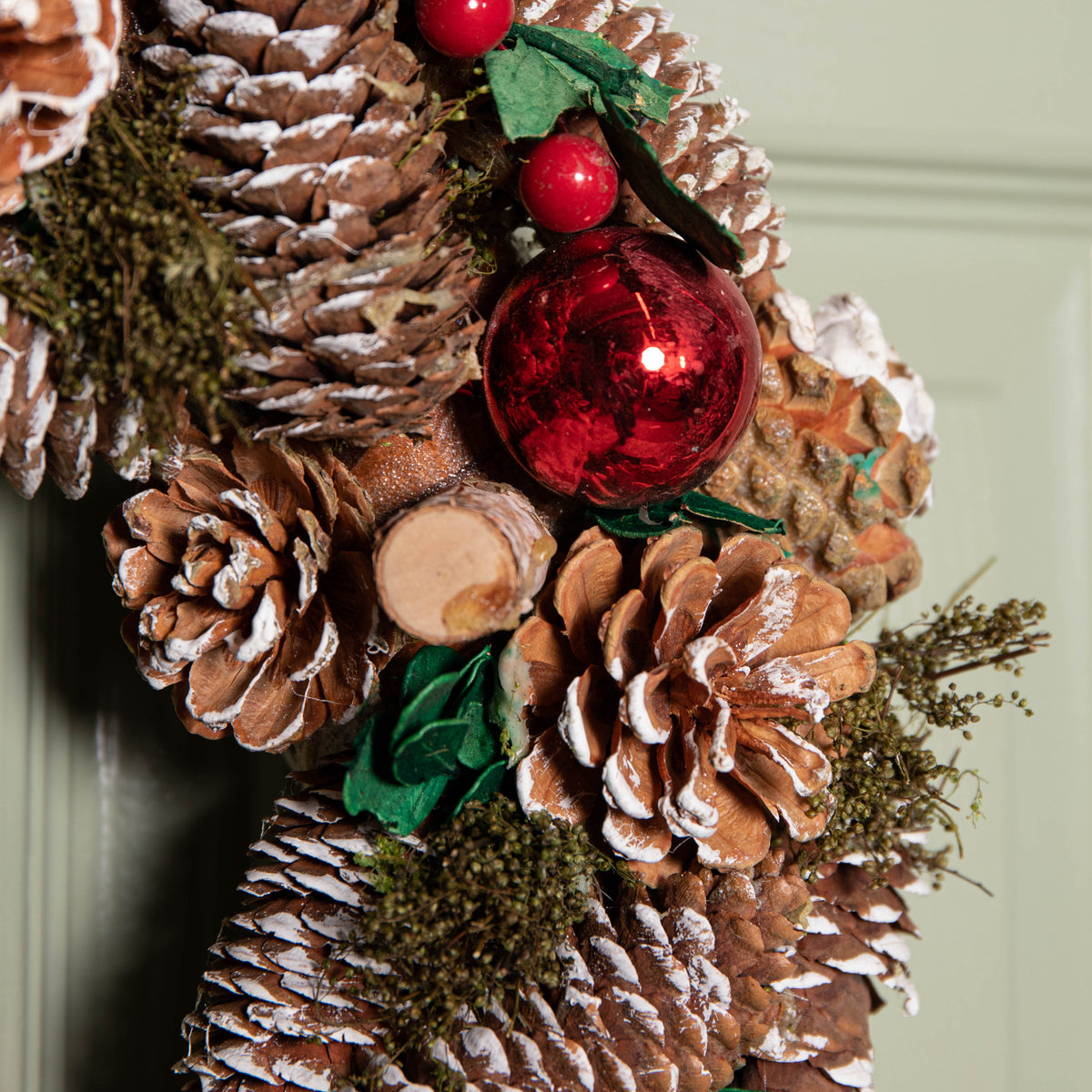 36cm Hanging Christmas YuleFest Wreath with Red Baubles & Snow Tipped Pine Cones 